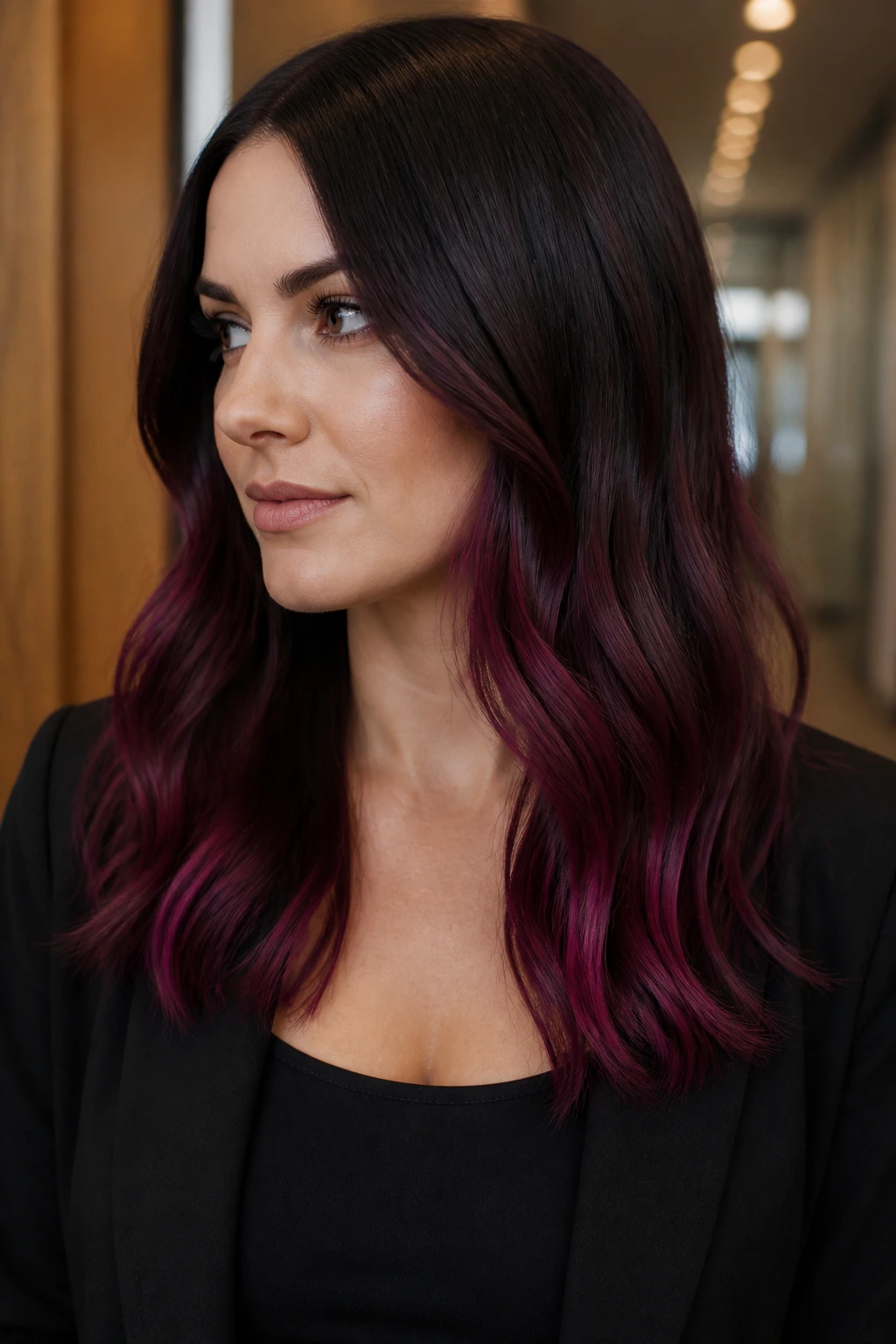 Close-up portrait of a woman with dark plum ombré from roots to tips in an office setting