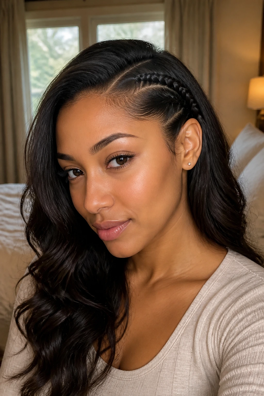 Close-up of a woman with a single cornrow accent on one side