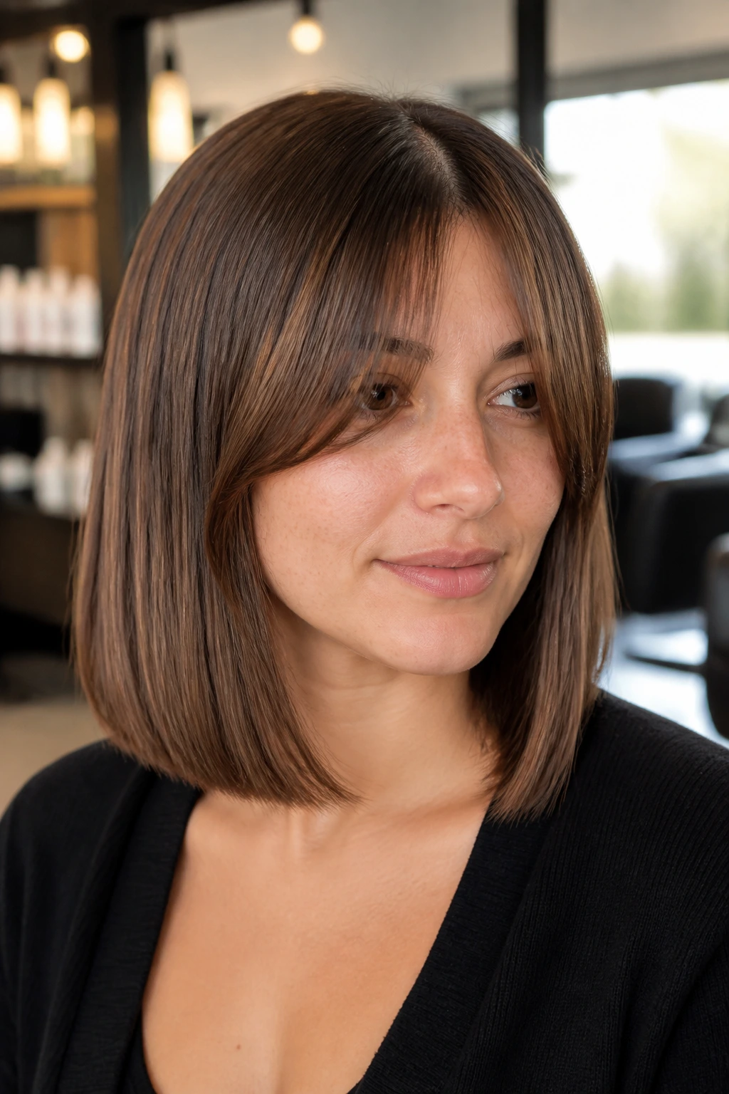 Close-up of a real woman with a one-length bob and curtain bangs in a salon
