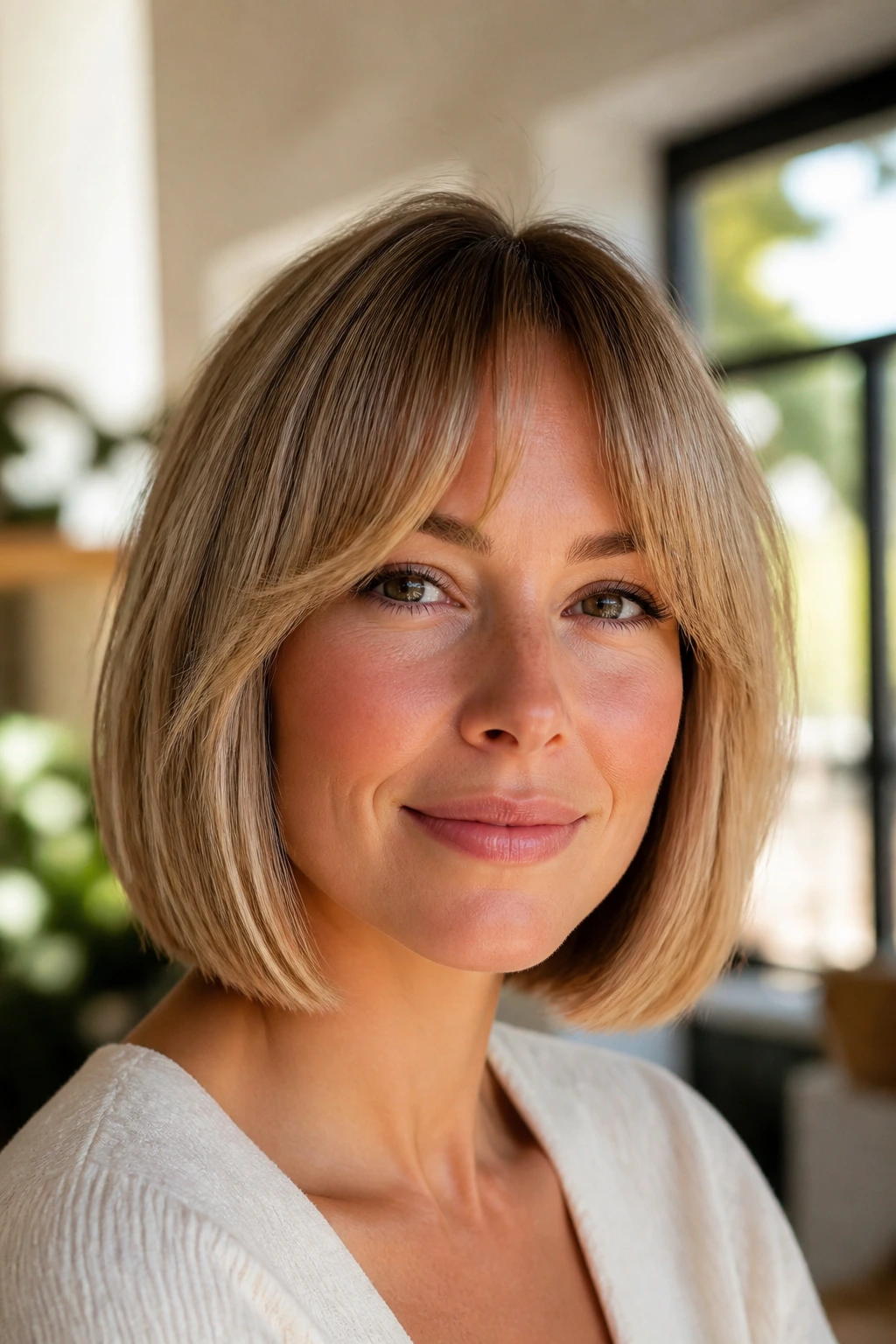 Close-up portrait of a real woman with a one-length bob and feathered curtain bangs in soft natural light