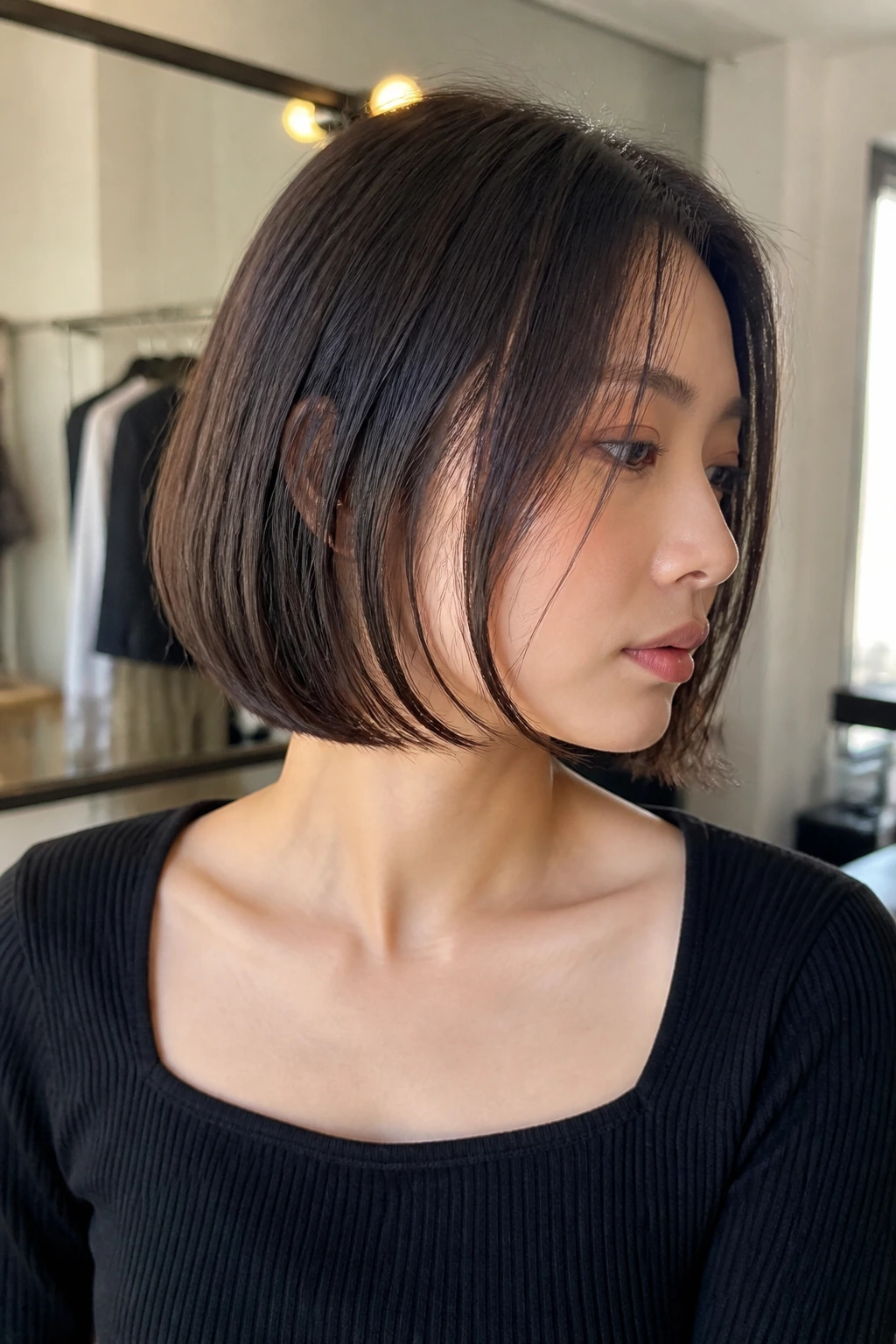 Close-up of a woman with a one-length bob and internal layering