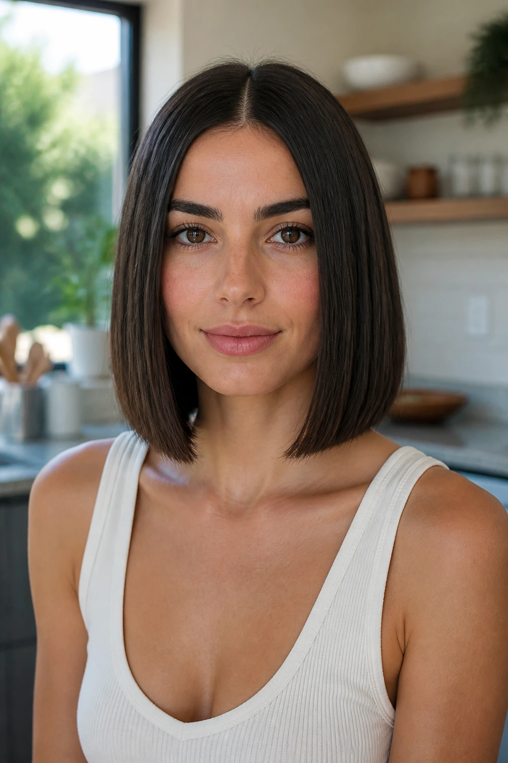 Front portrait of a real woman with a sleek one-length bob and hidden layers.