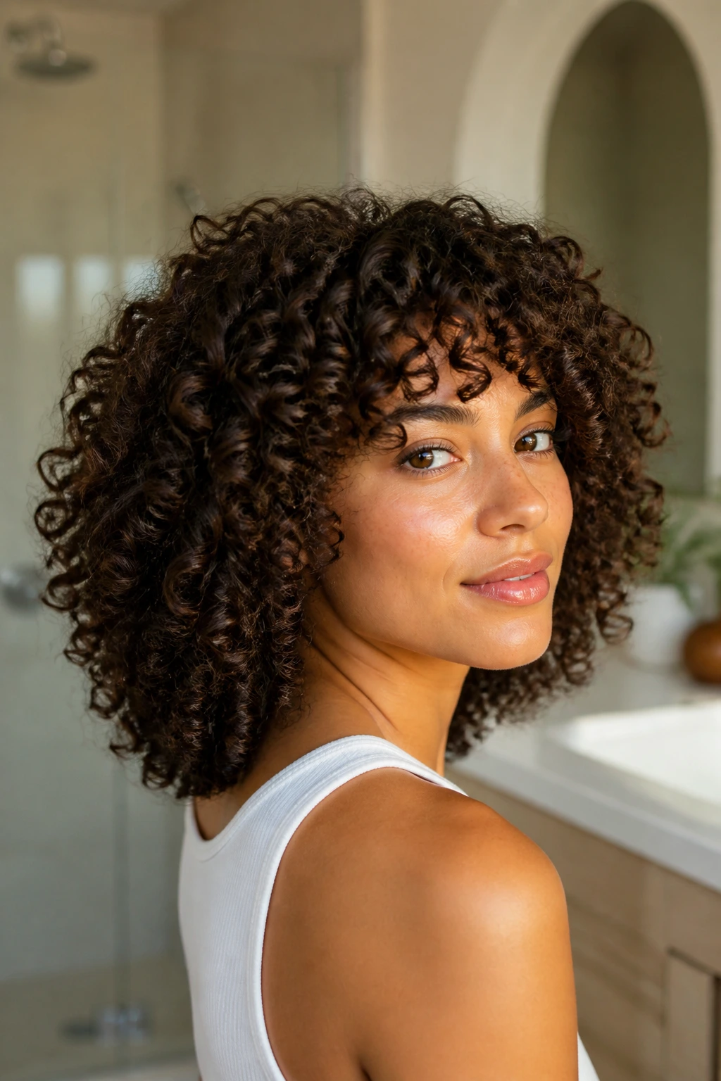 Close-up of real person with uniform-length curly hair and invisible layers.