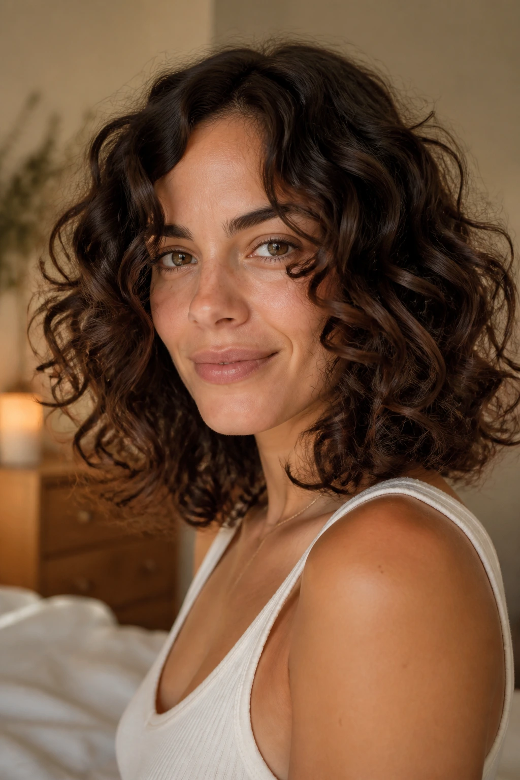 Close-up of a real woman with shoulder-length one-length curly hair in soft window light