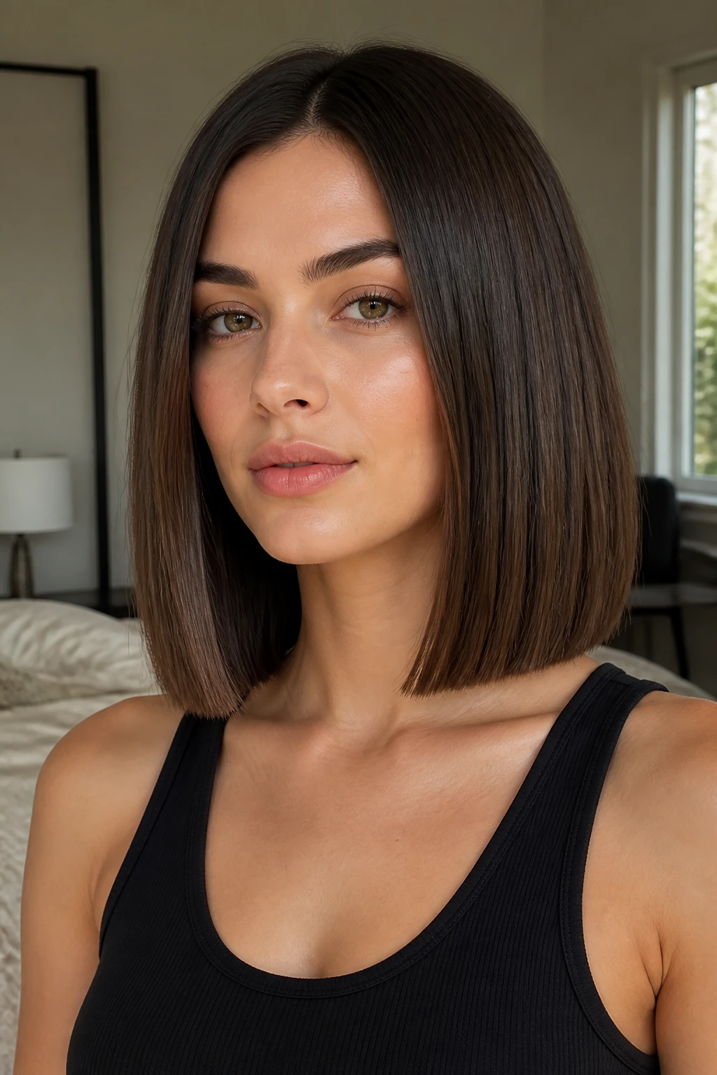 Close-up portrait of a real person with a blunt collarbone-length lob hair.