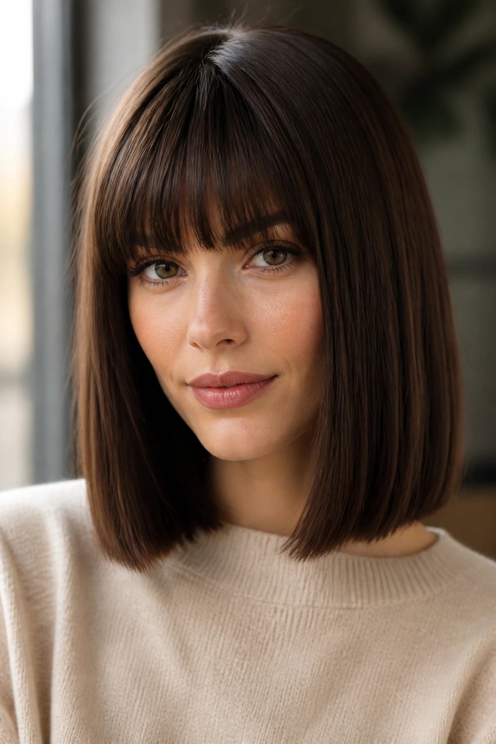 Woman with one-length lob and heavy brow-skimming bangs