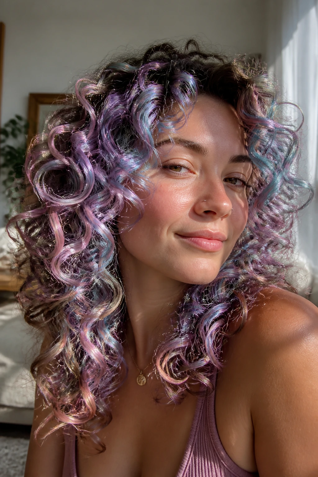 Close-up of real person with iridescent opal streaks in curly hair