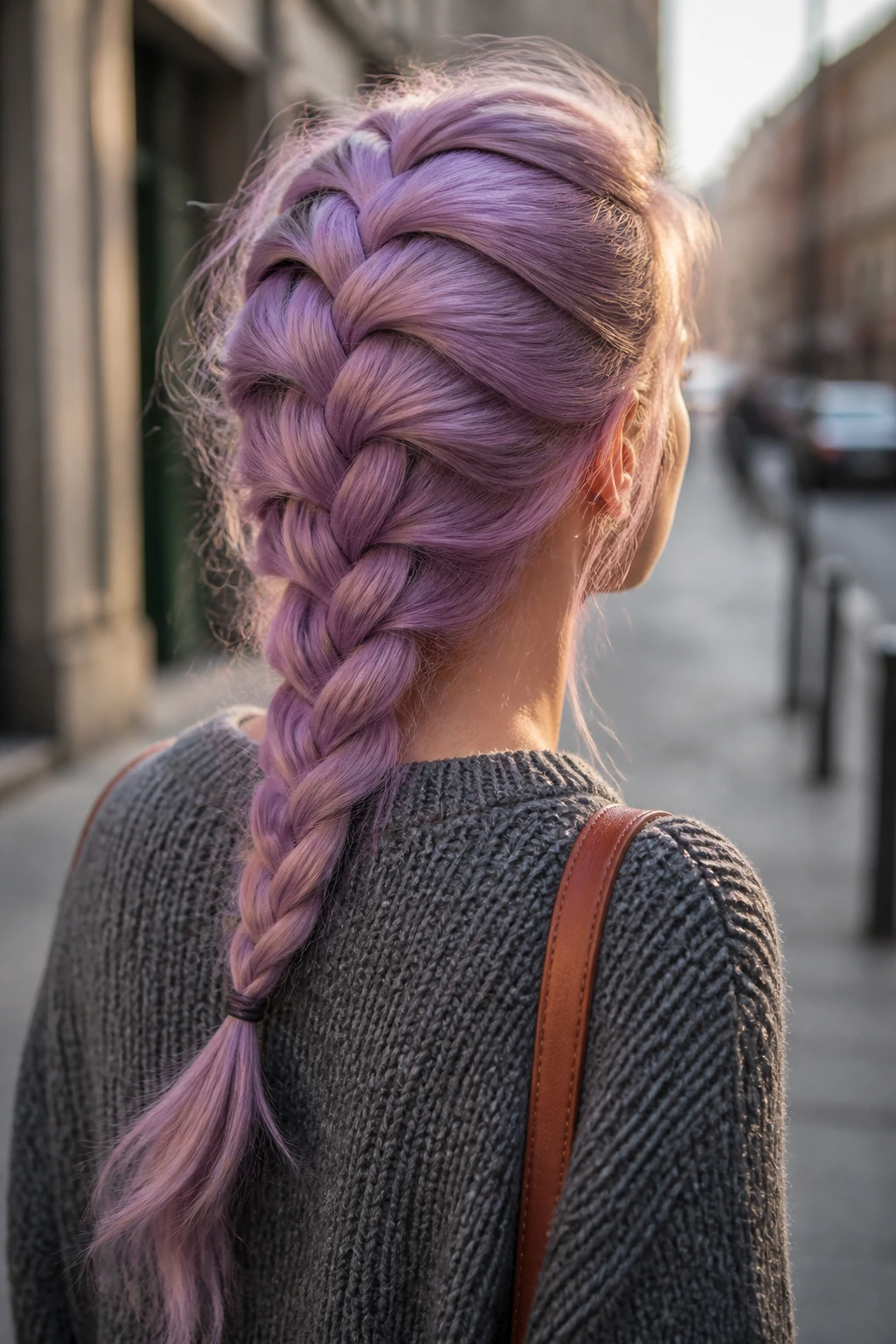 Back view of a real person with Orchid Tinted French Braid showing orchid color.