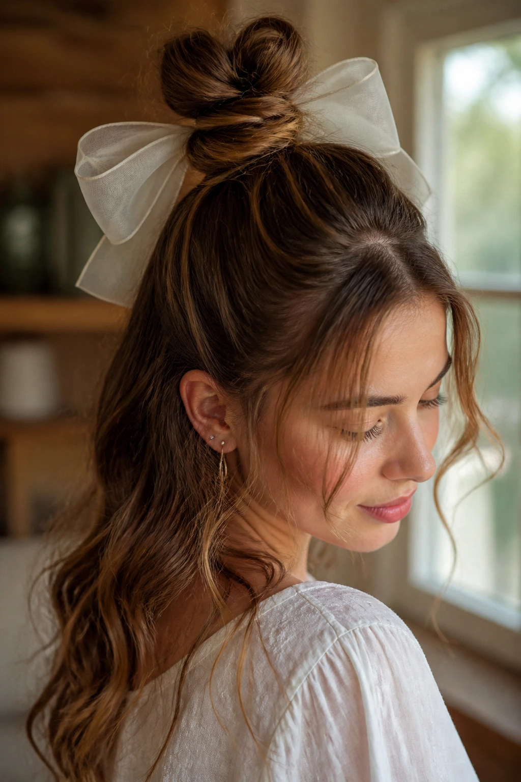 Head and shoulders of a real woman with half-up top knot and organza bow