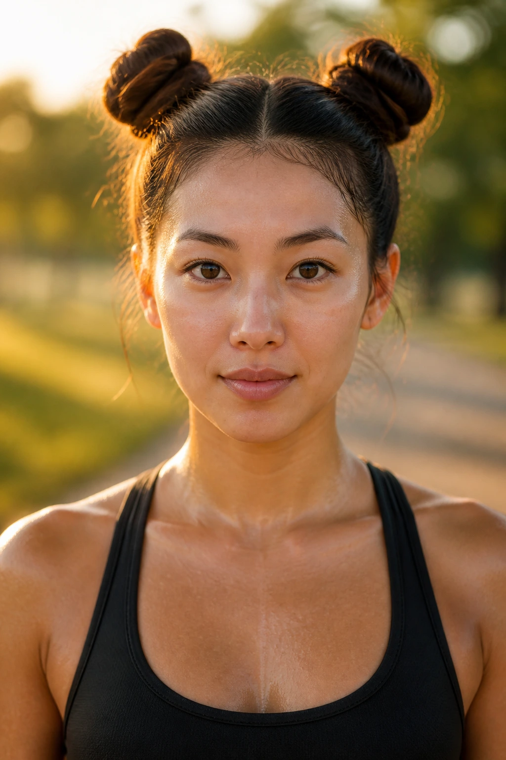 Front portrait of real person with two origami-style space buns outdoors