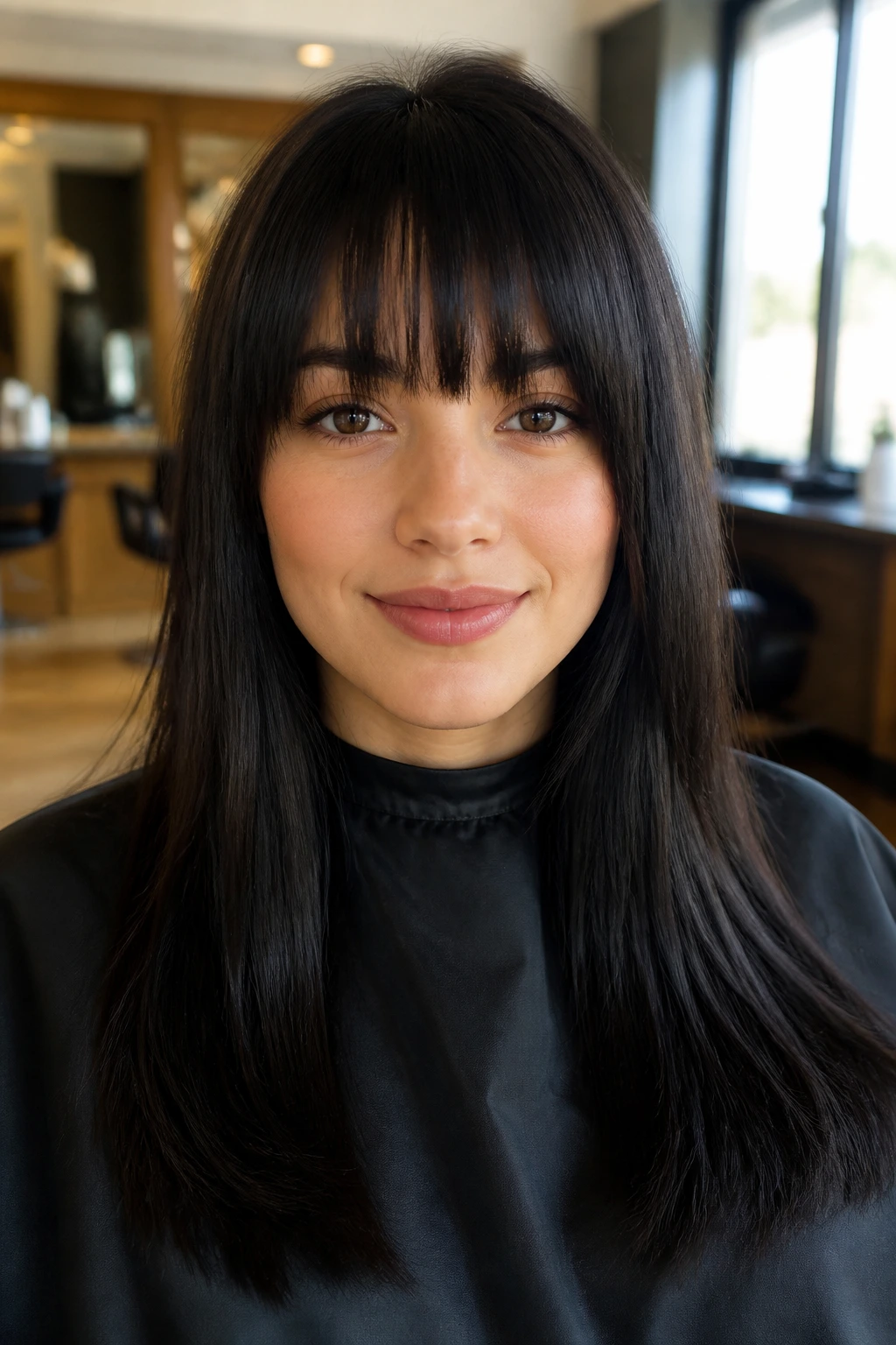 Close-up portrait of a real woman with an oval face and bangs in a warm salon setting.