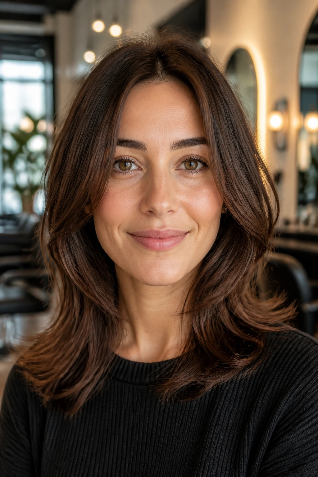 Close-up portrait of a person with an oval face in a salon setting.