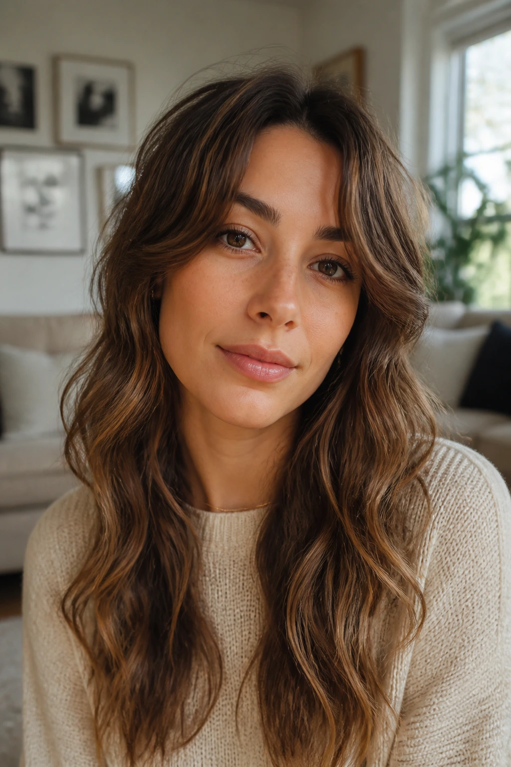 Close-up portrait of a real woman with an oval face and natural waves in daylight.