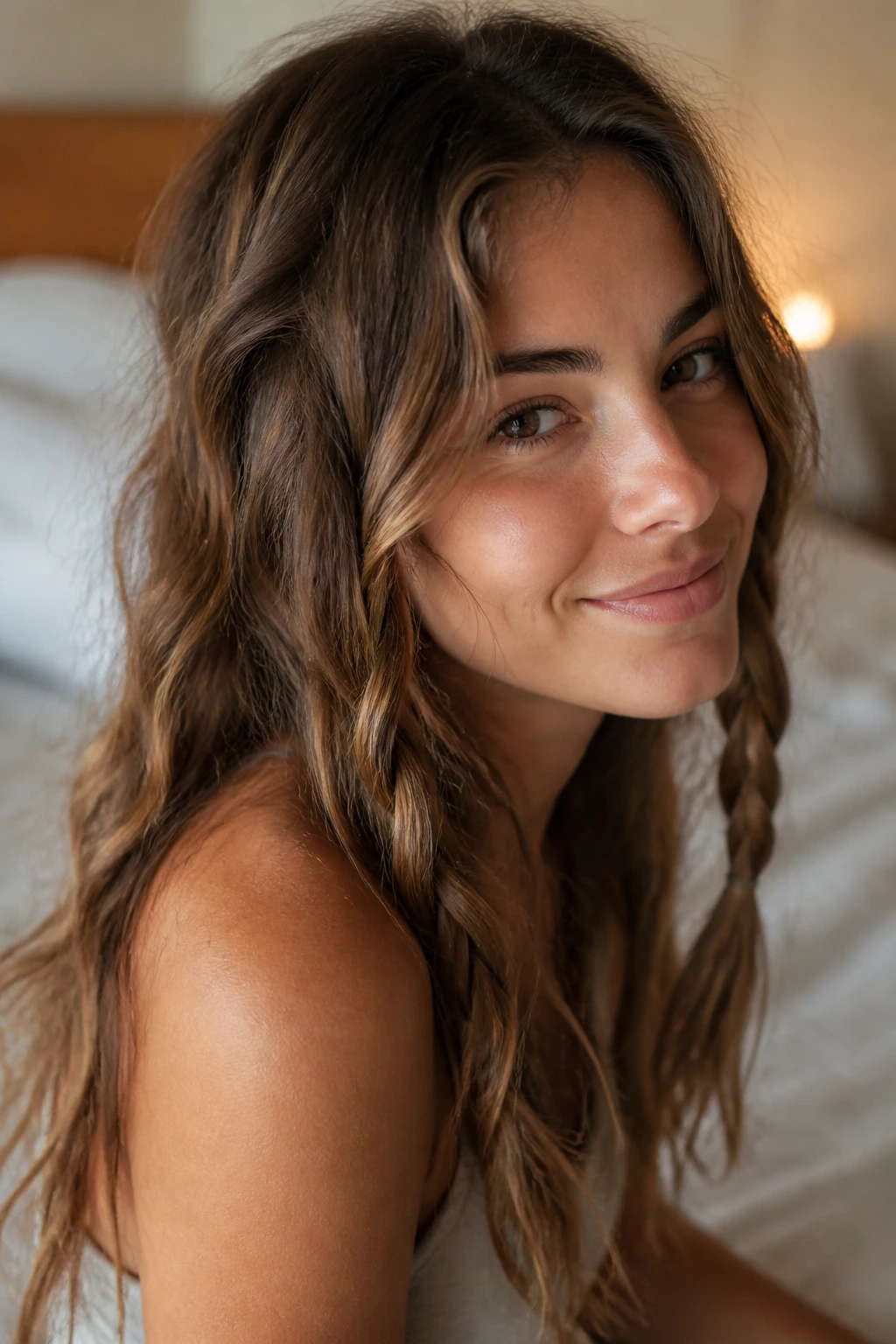 Close-up of a real woman with soft waves from overnight braids in warm bedroom light