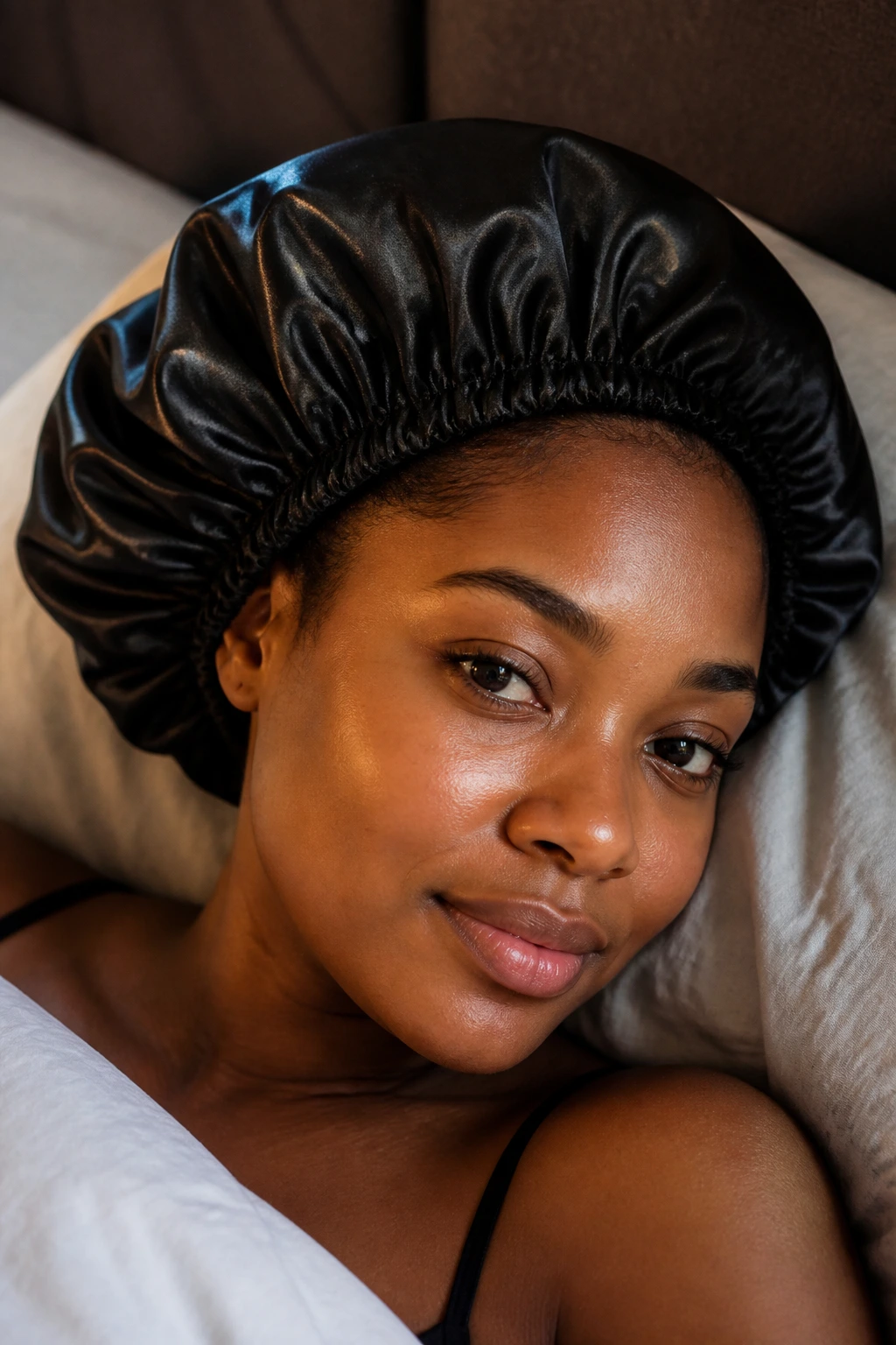 Close-up of a real woman wearing a satin bonnet to protect braids overnight