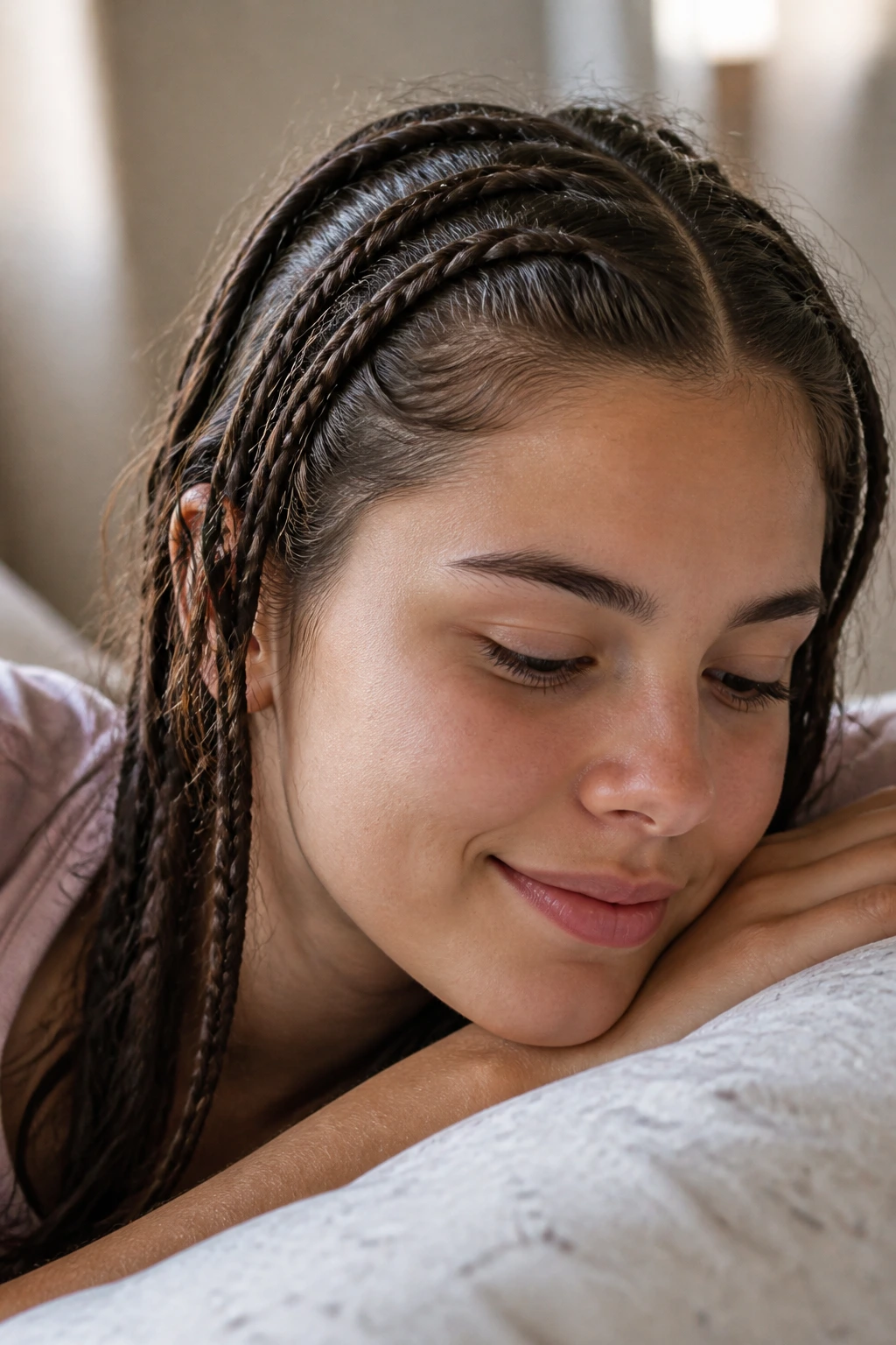 Real woman with damp hair braided into neat small braids in a softly lit bedroom