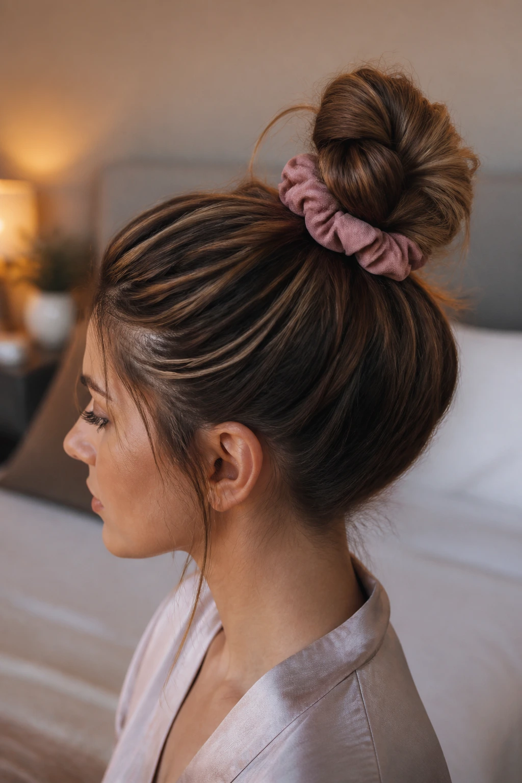 Side profile of a real person with a loose high overnight bun