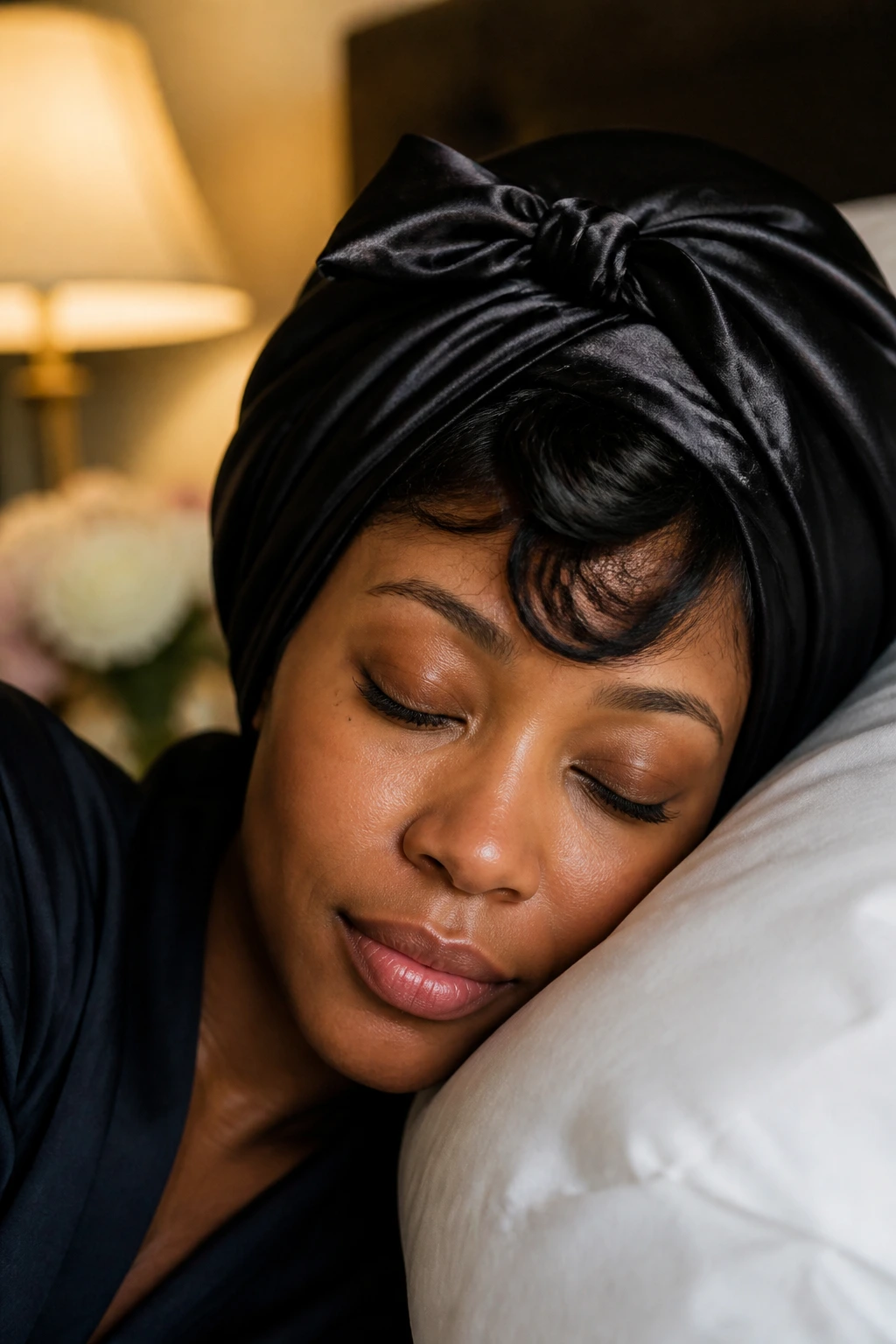 Woman resting with silk wrap protecting a blowout and bangs overnight
