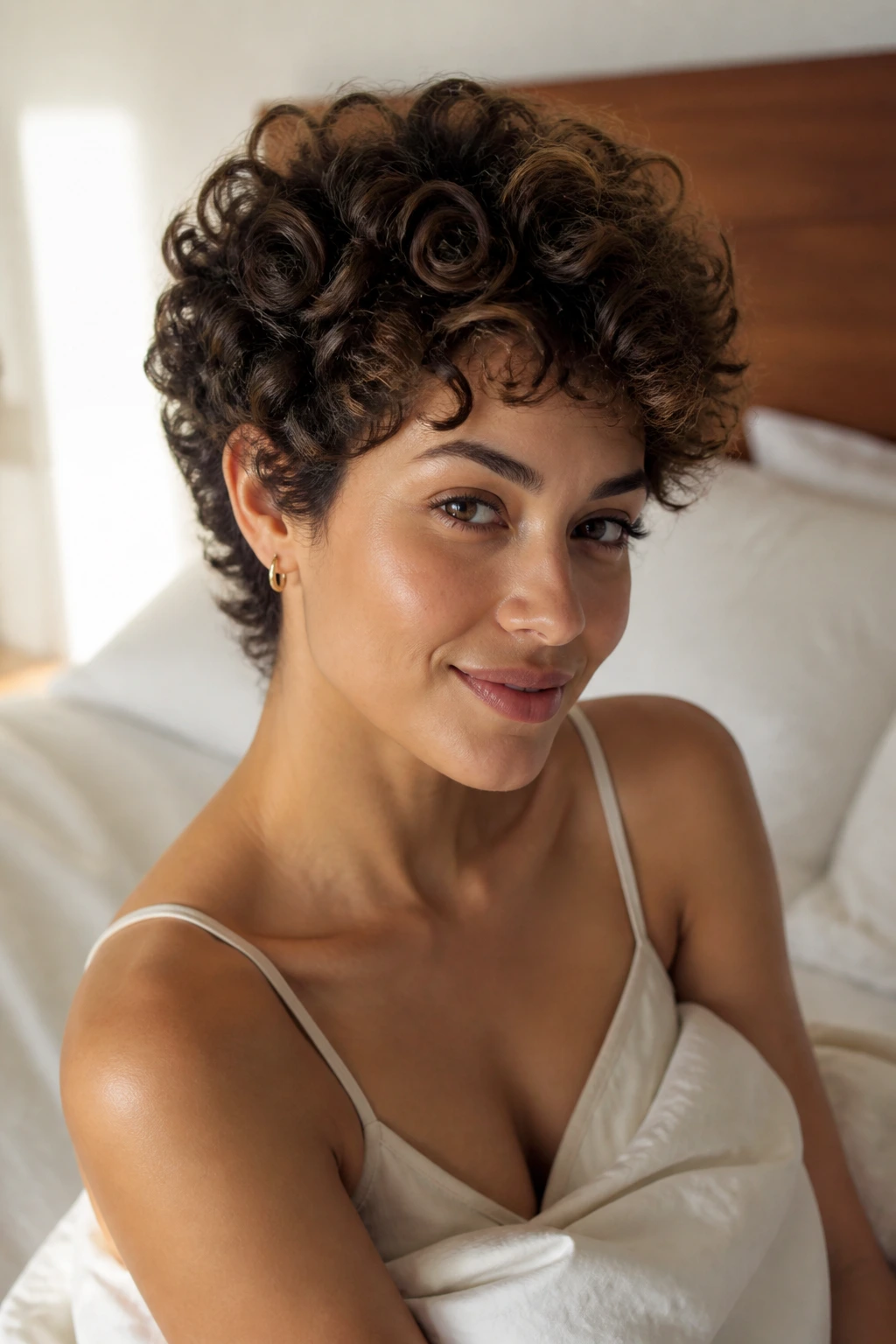 Morning portrait of a woman with a curly wedge after overnight storage