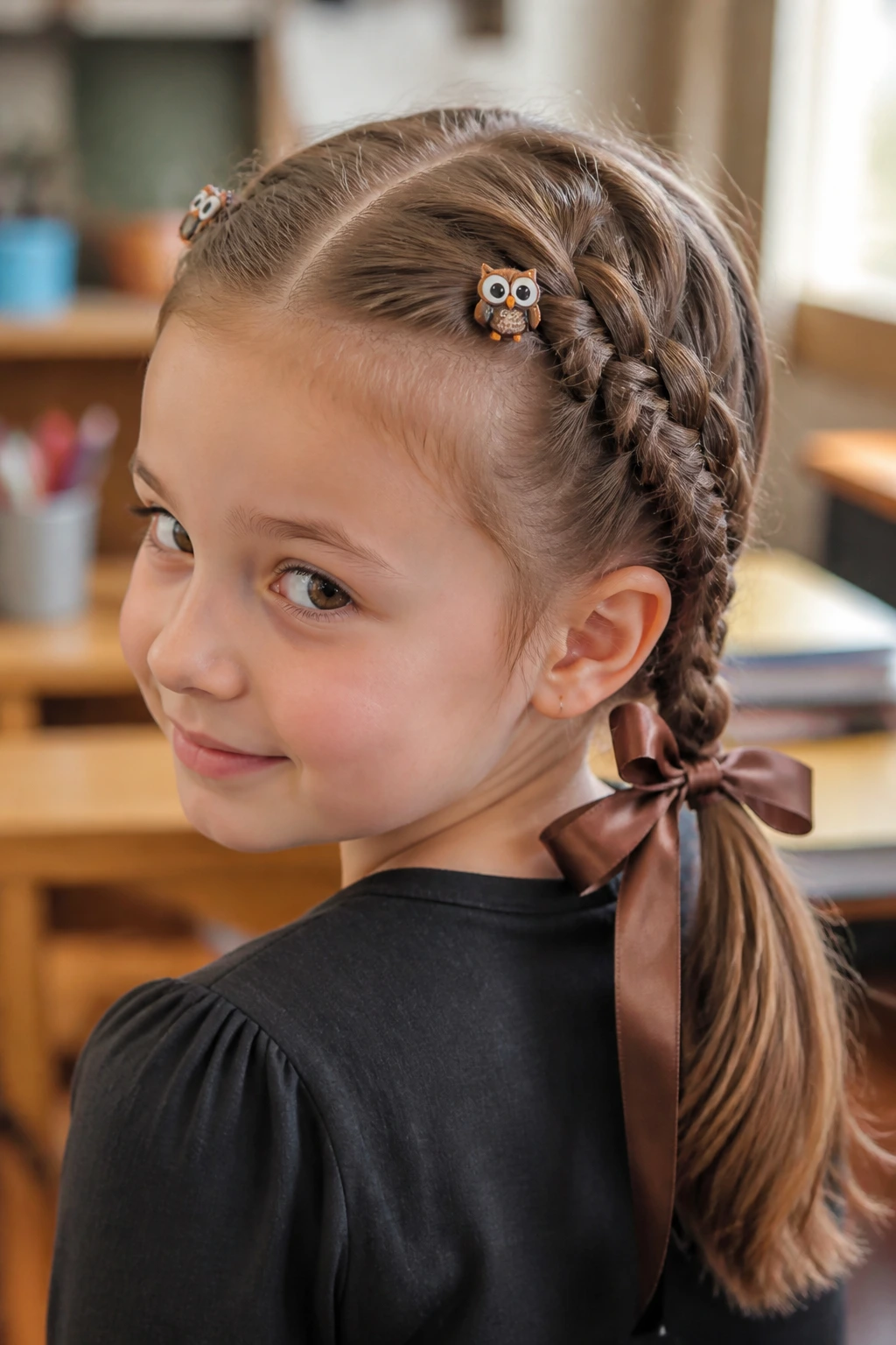 Close-up of a child with owl face french braids and owl-eye clips