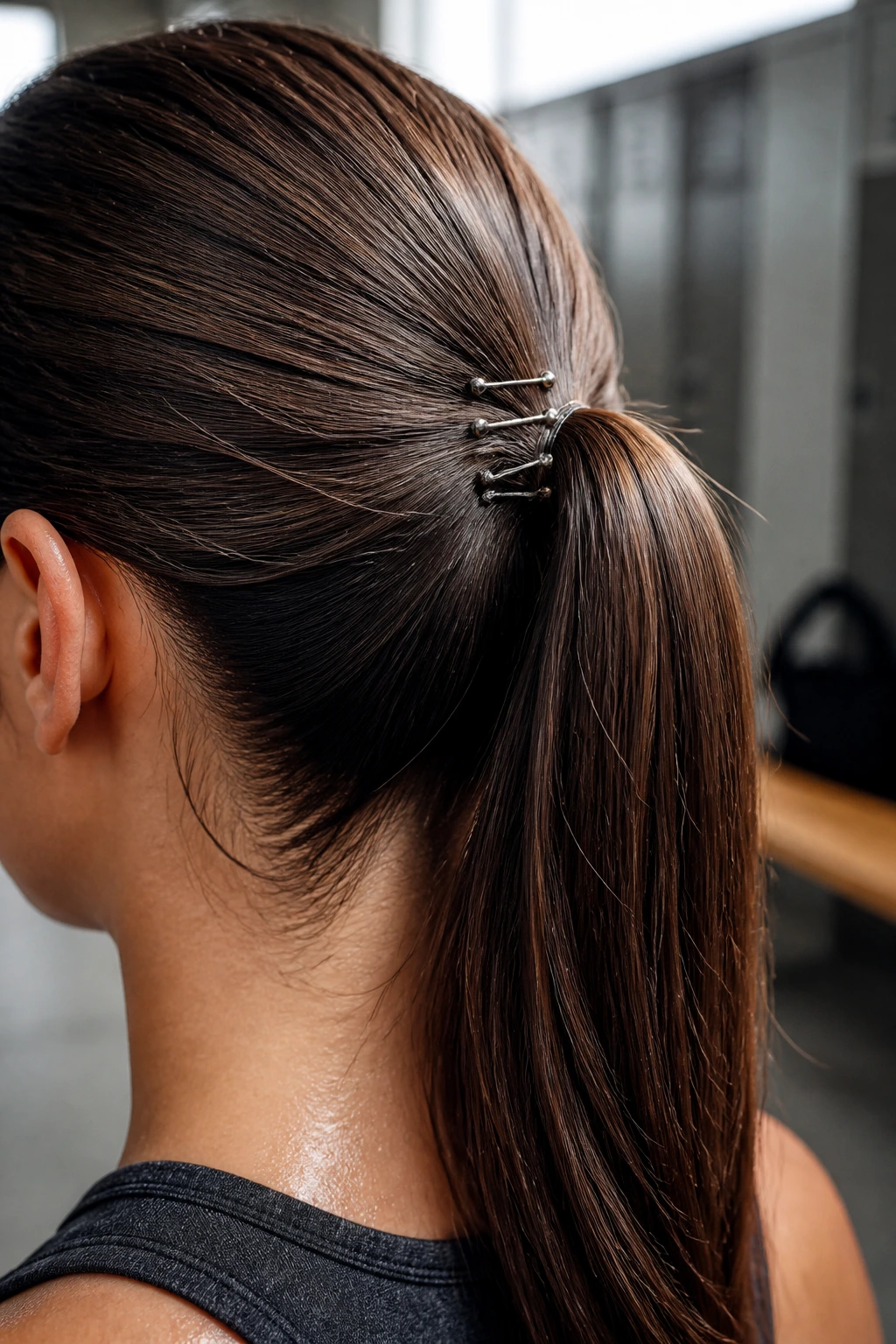 Close-up of oxidized silver bobby pin spikes securing a ponytail in gym lighting