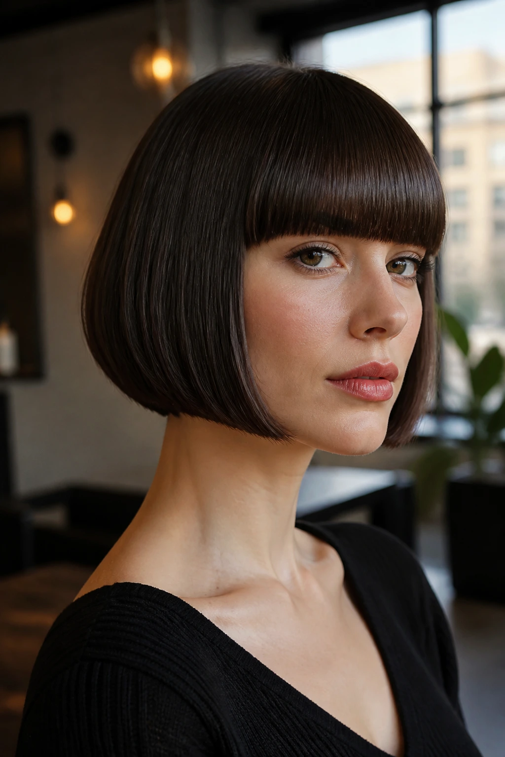 Real person with sleek pageboy and blunt fringe, close-up portrait