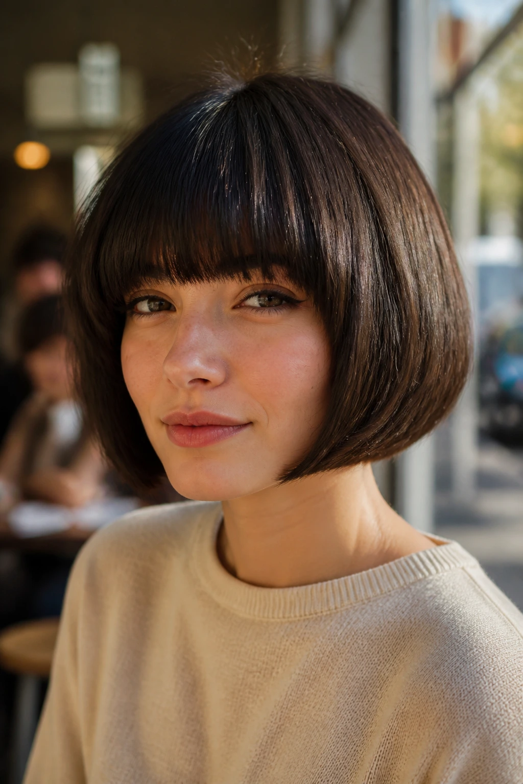 Close-up portrait of a real woman with a pageboy bob haircut