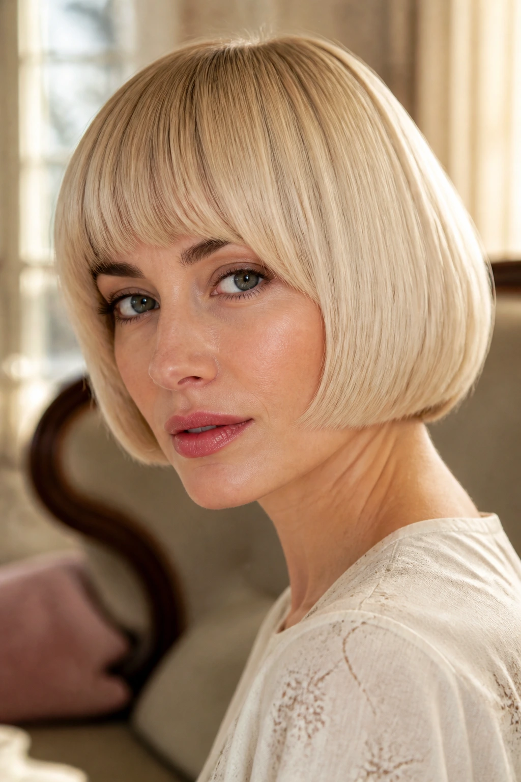 Close-up of a real woman with a rounded pageboy bob in creamy blonde