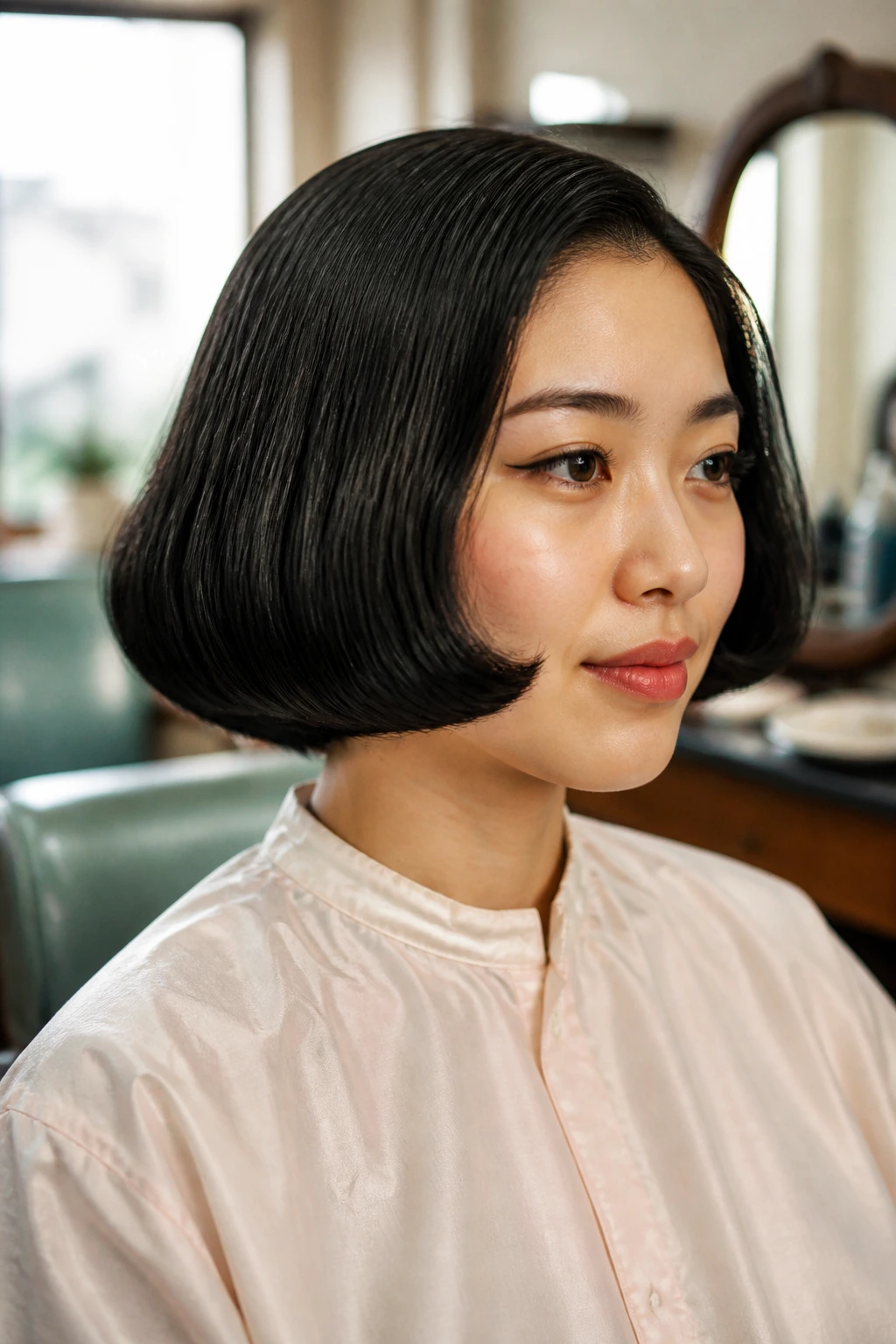 Portrait of woman with classic 1950s pageboy cut.