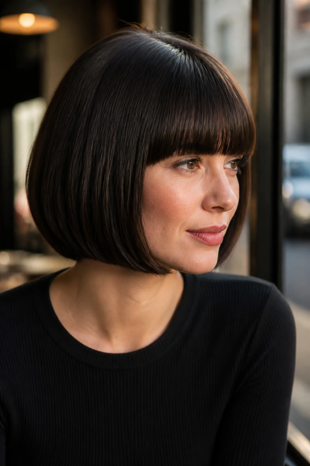 Portrait of a woman with pageboy cut and inward bevel in warm cafe light