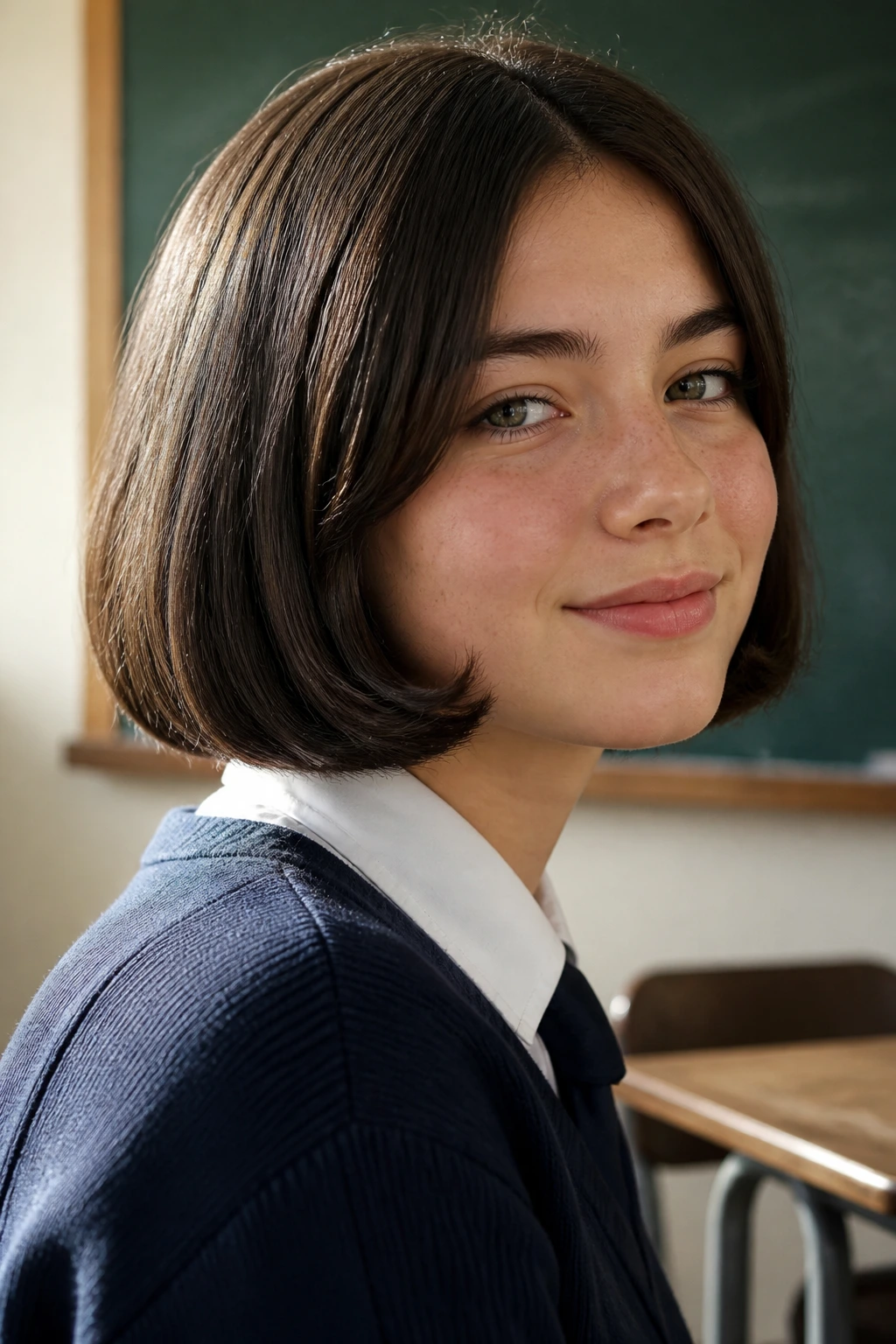 Close-up of a real student with a pageboy flip in a classroom