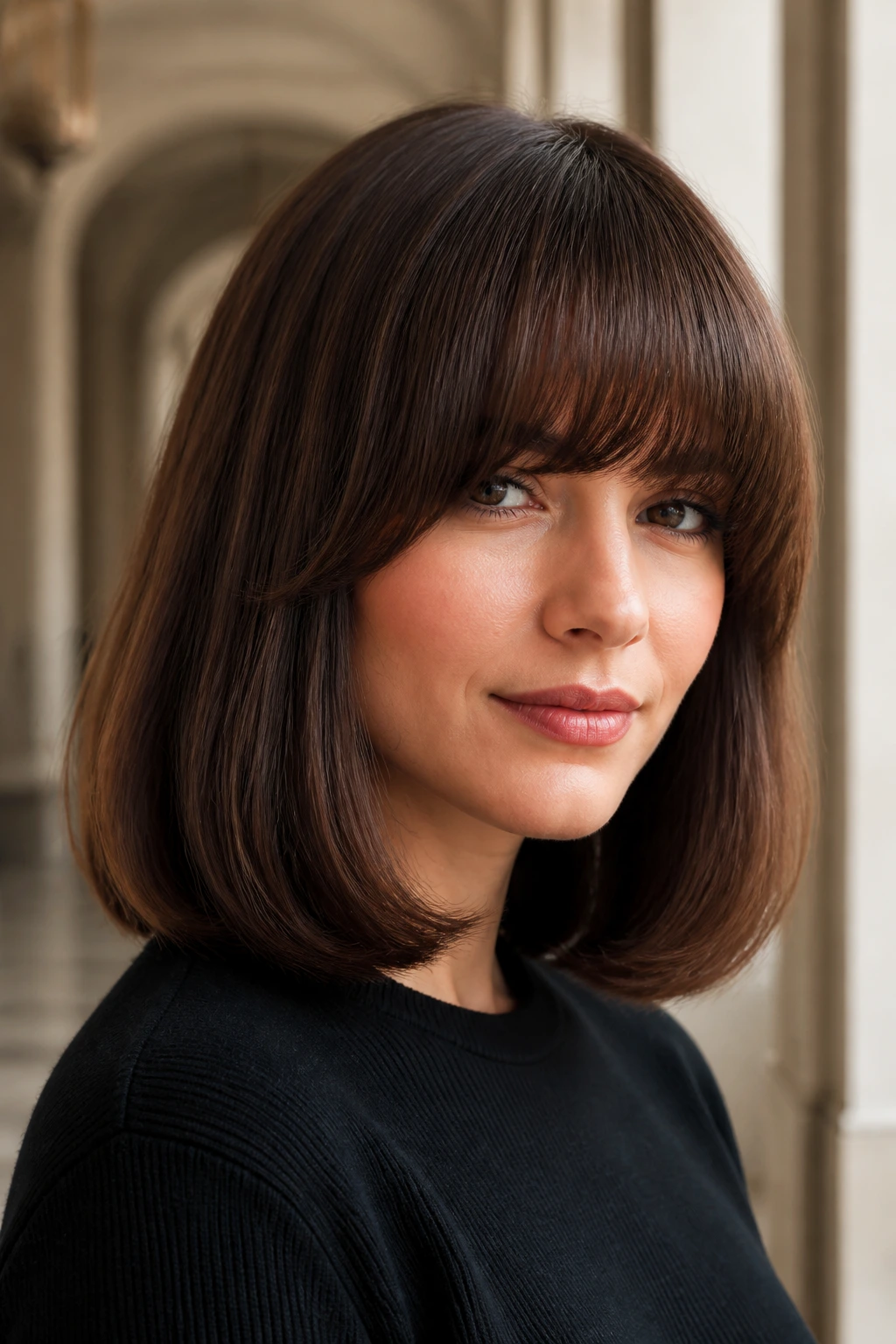 Close-up of a real woman with classic pageboy lob and rounded bangs in natural light
