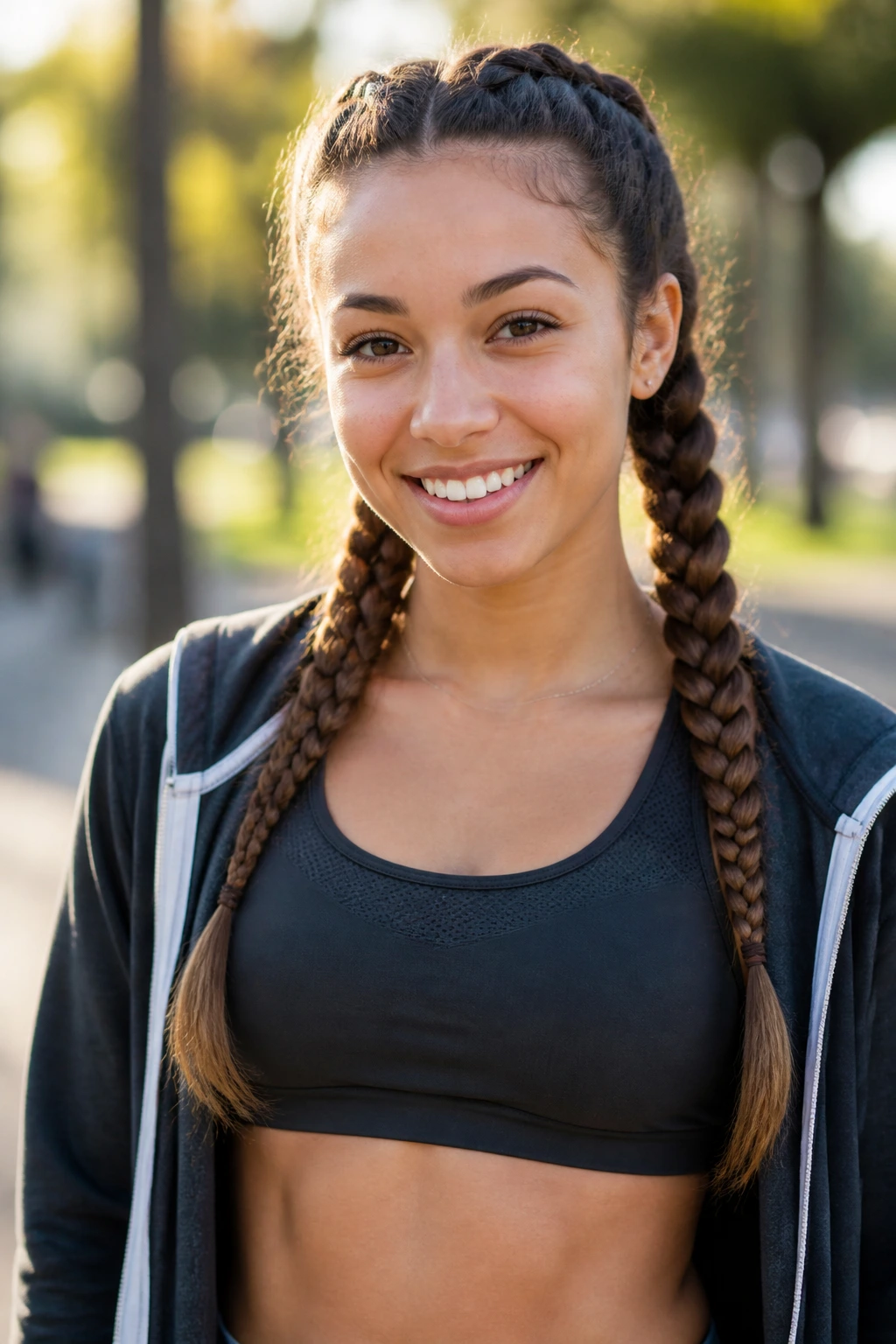 Woman with pair of pigtail braids in athletic wear outdoors
