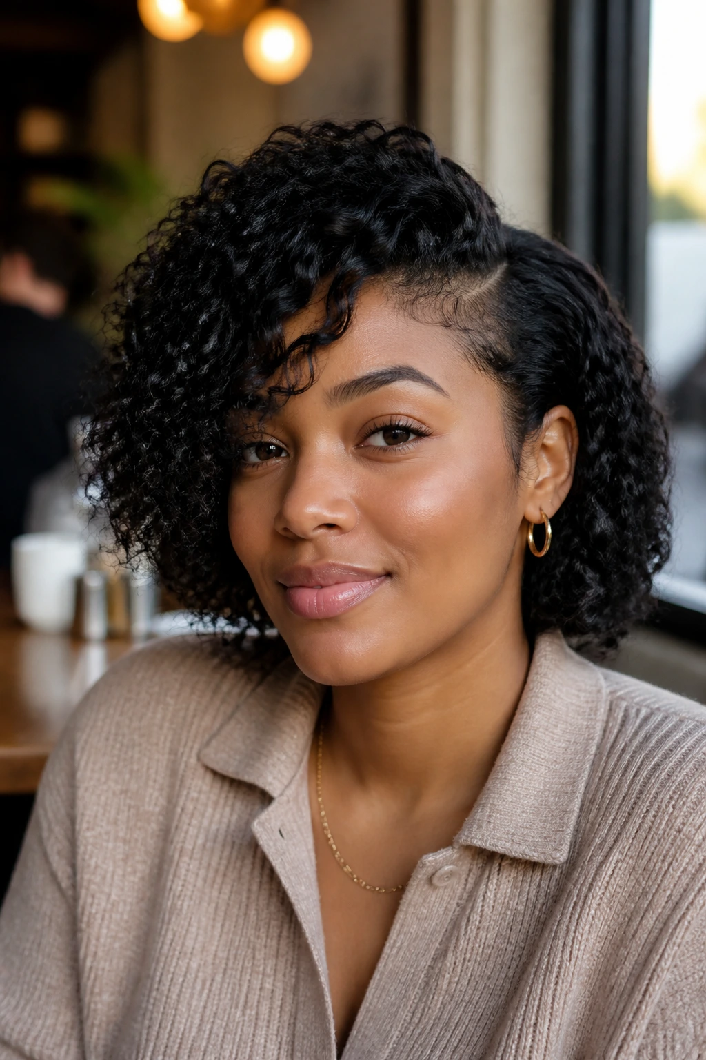 Real person with curly crochet bob and gold hoops in a cafe-like setting