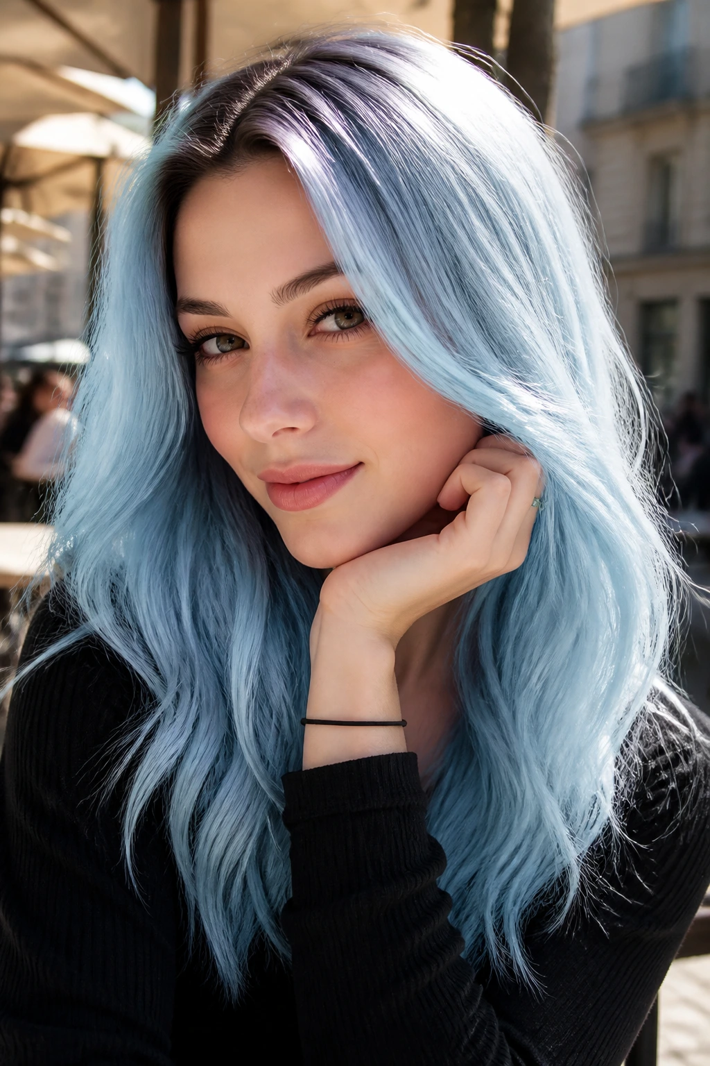 Close-up portrait of a real woman with pale azure hair and shadow root