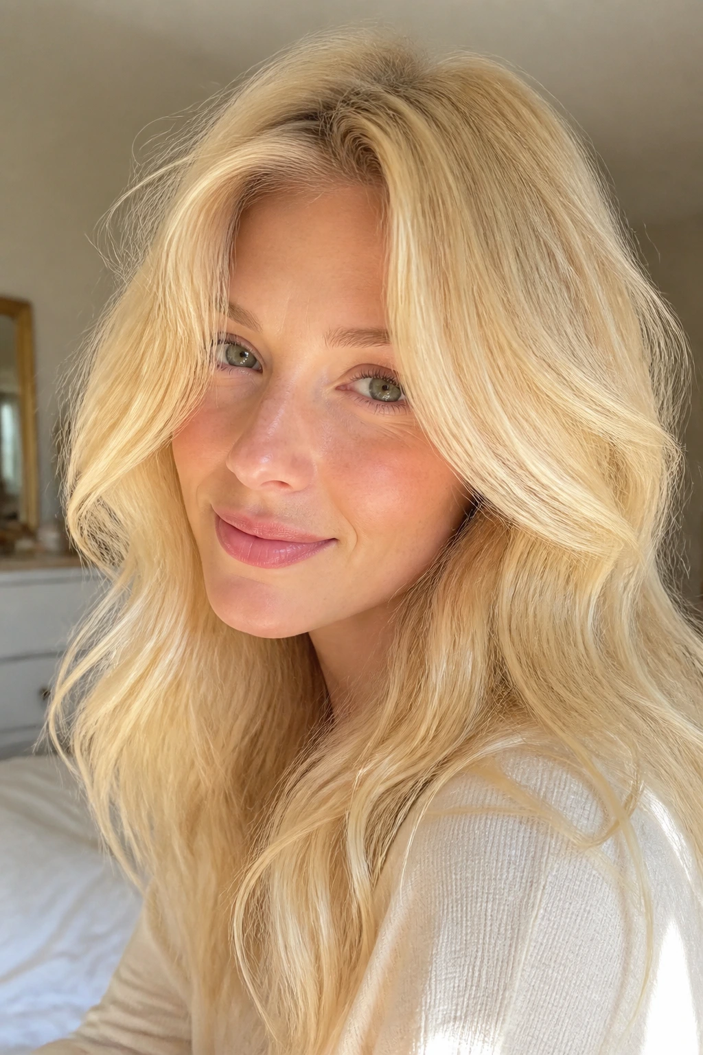 Close-up portrait of a real person with pale daffodil yellow hair