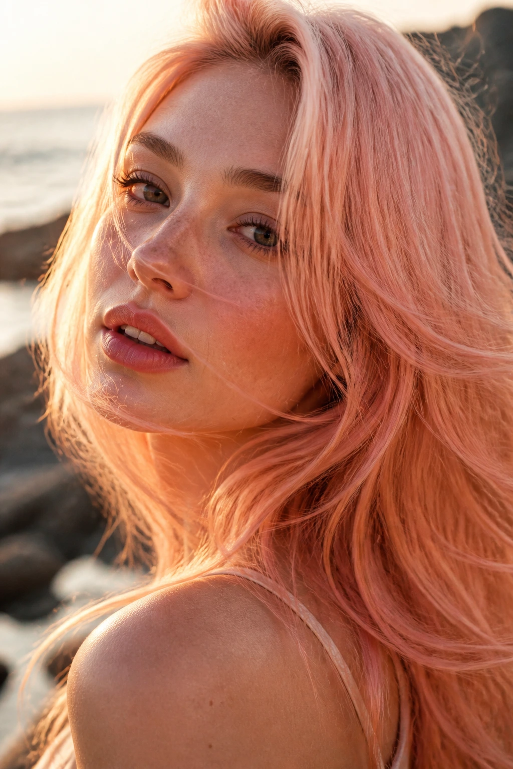 Close-up portrait of a real person with pale peach hair