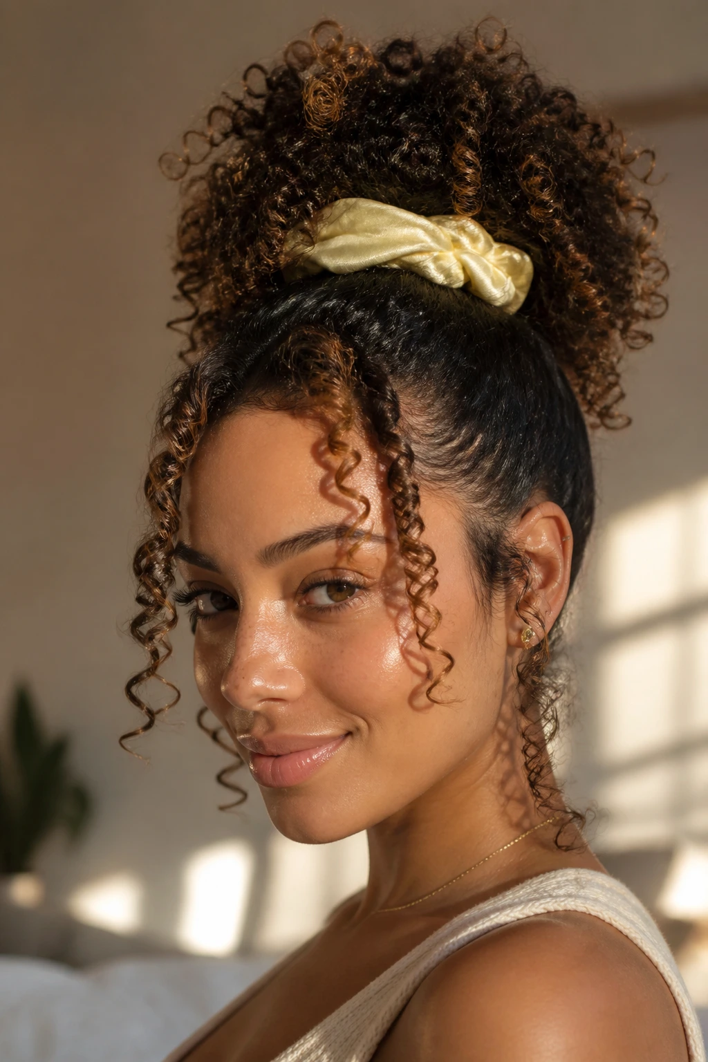 Close-up of a woman with a pale yellow scrunchie puff in curly hair