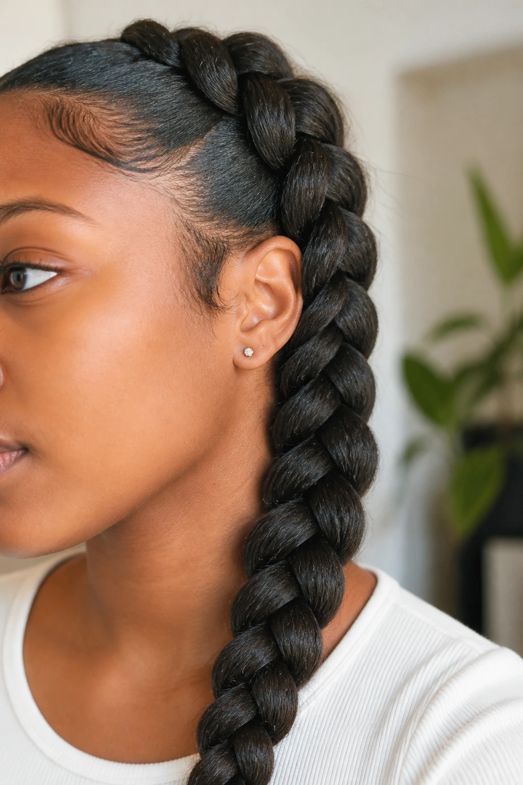 Close-up of a pancake braid widened by edge-pulling on a real woman's hair