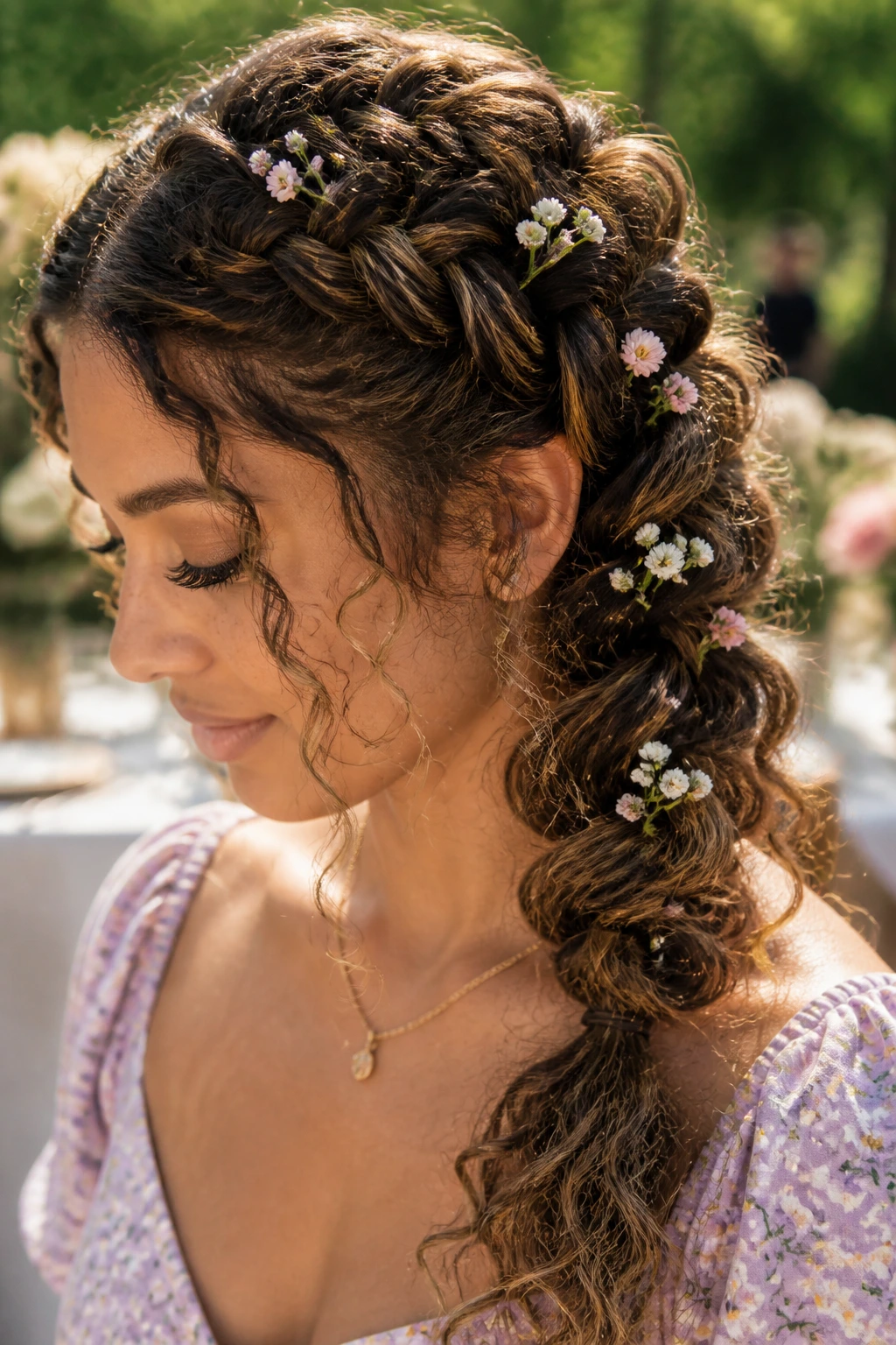 Close-up of pancake Dutch braid adorned with small flowers in the loops on a real person.