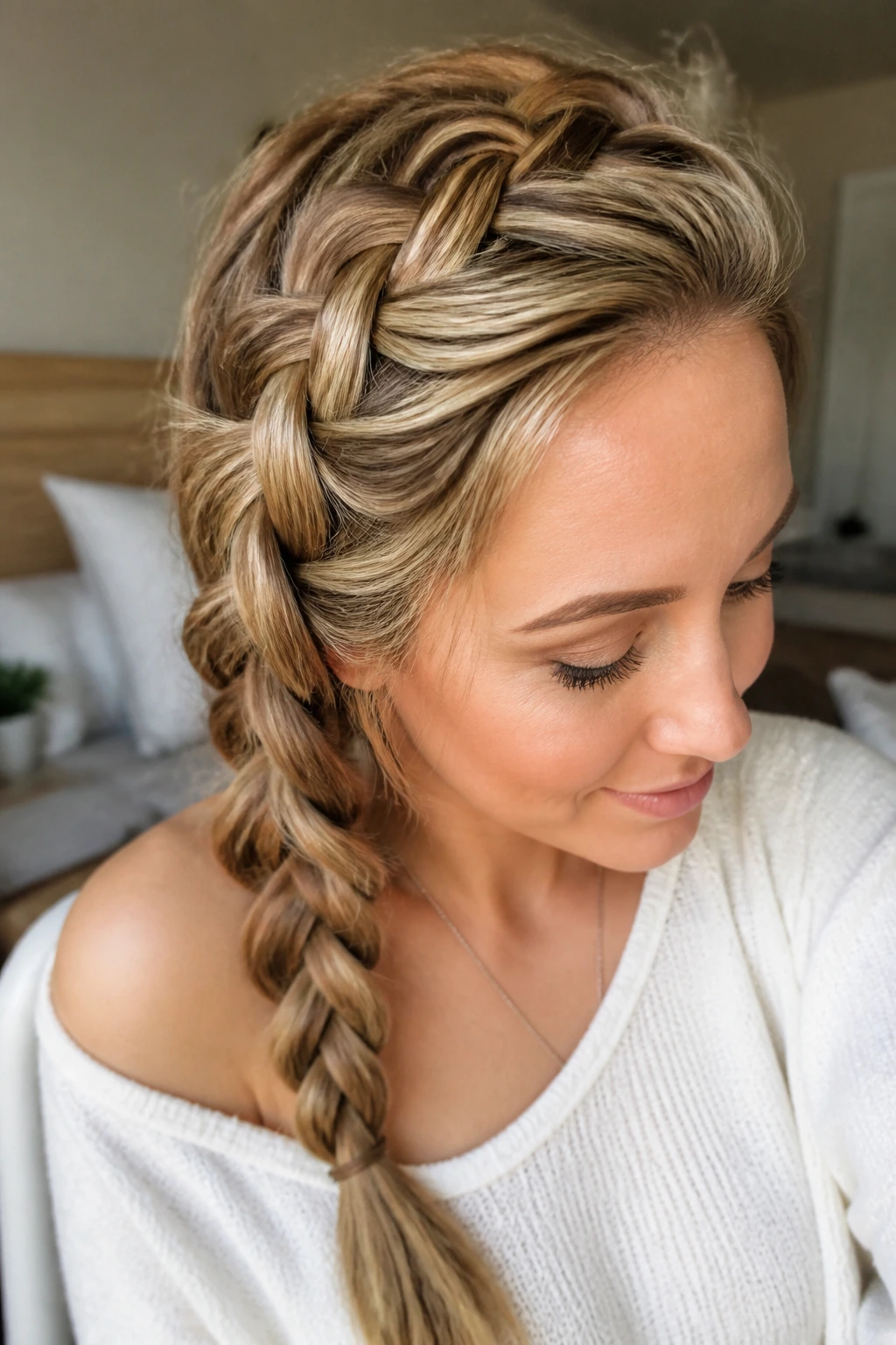 Close-up of a real woman's head showing a wide pancake side plait along the temple
