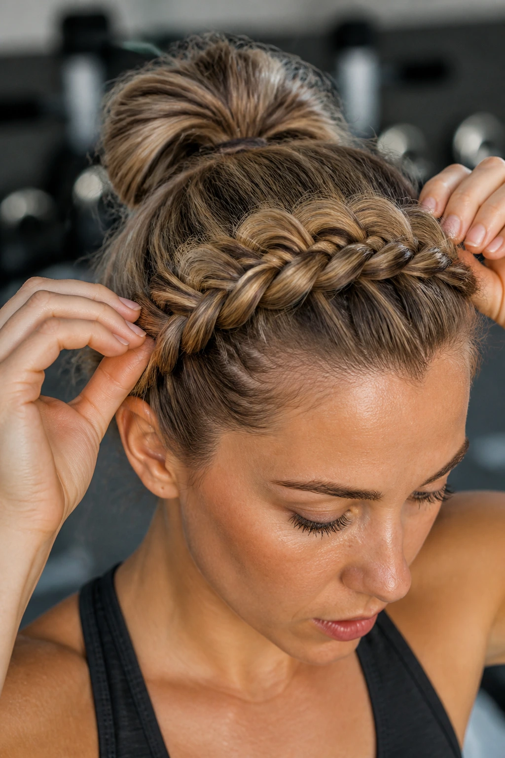 Close-up of a real woman with a pancake and pull braided headband creating volume
