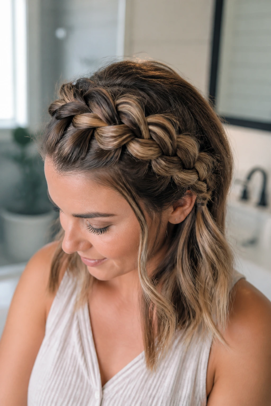 Close-up of a real woman with a pancake Dutch braid.