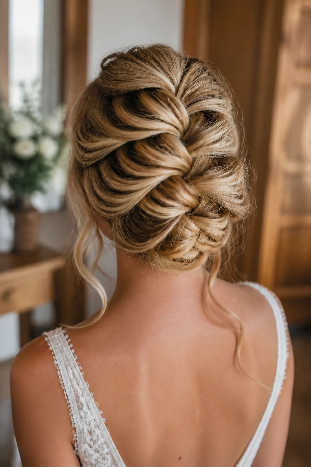 Back view of bride with a loose pancake French braid updo featuring large loops