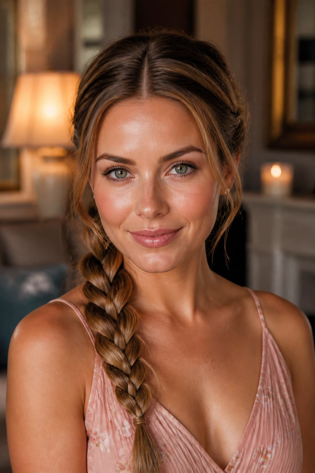 Front close-up of a woman with pancaked three-strand braid