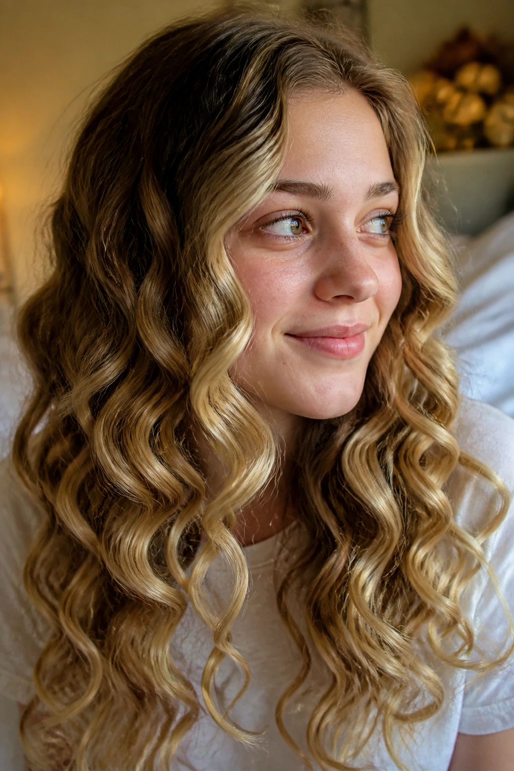 Close-up of real person with heatless paper bag curls