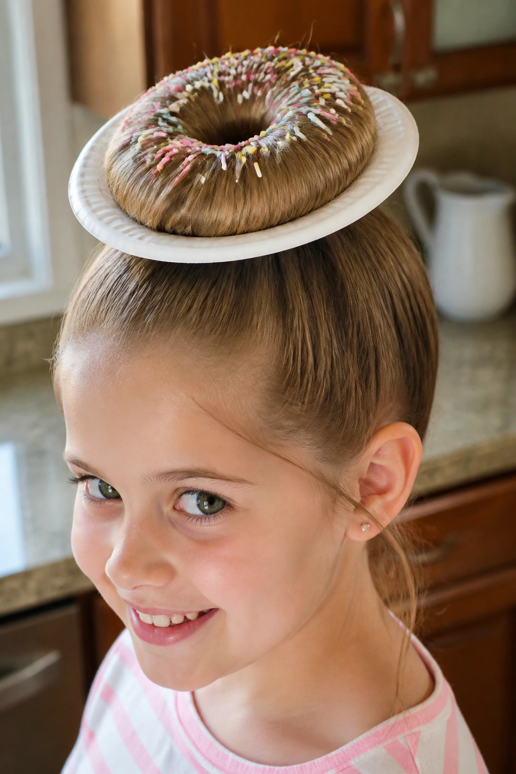 Close-up of a child with a paper plate donut hairstyle in a warm kitchen