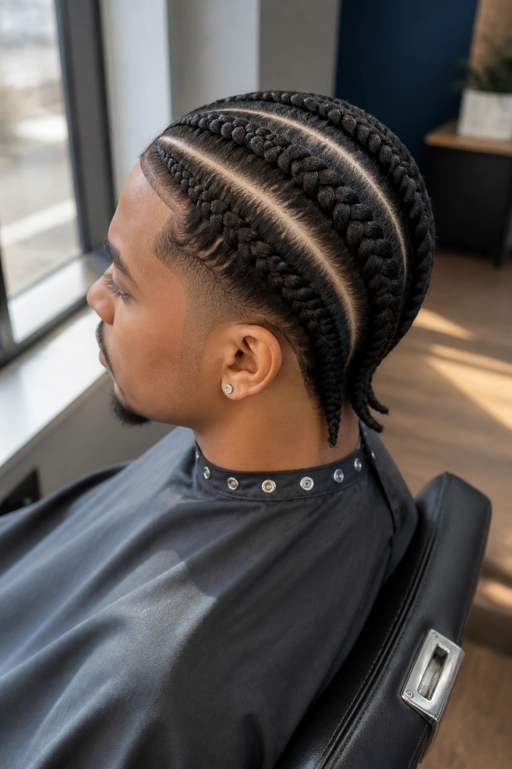 Side profile showing two parallel road map lines shaved front to back