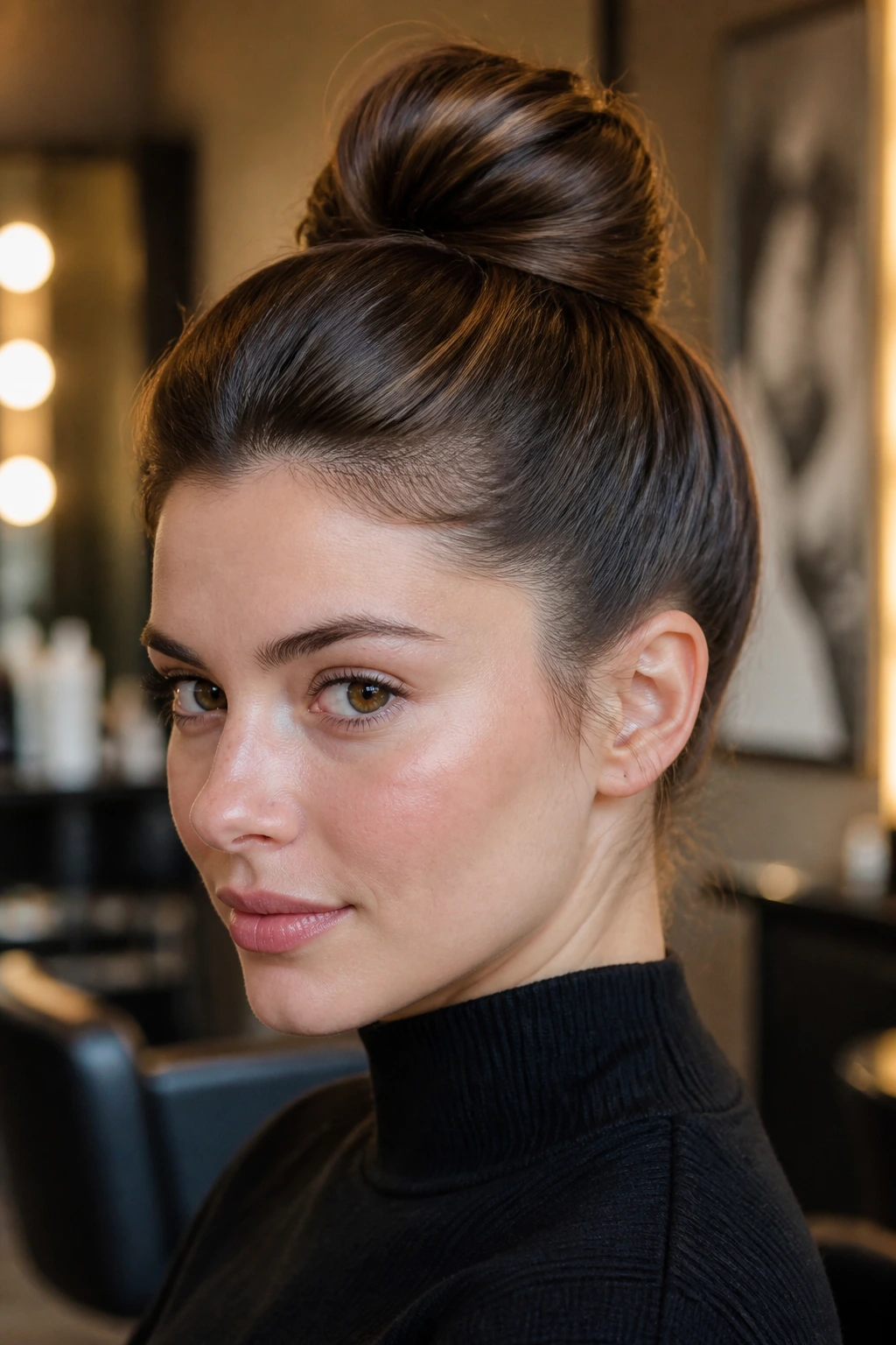 Close-up of a woman with a high rounded bun and sleek sides in chic ambient light