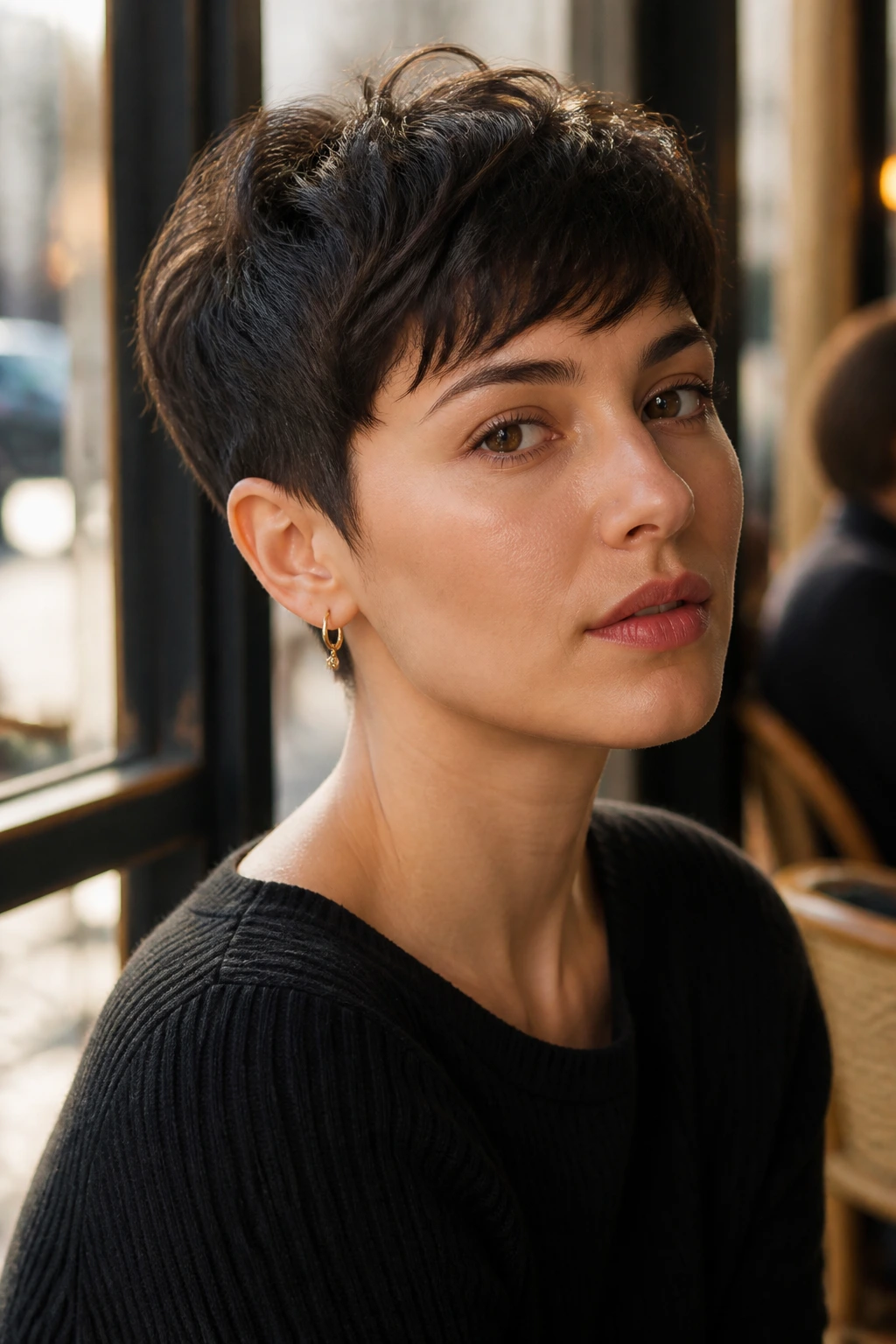 Close-up of a real woman with a Parisian pixie haircut La Garçonne in a cafe window
